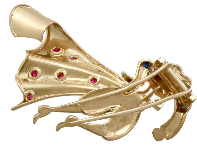 Women's or Men's 1950s Sapphire and Ruby Diamond 18K Yellow Gold Matador Brooch For Sale