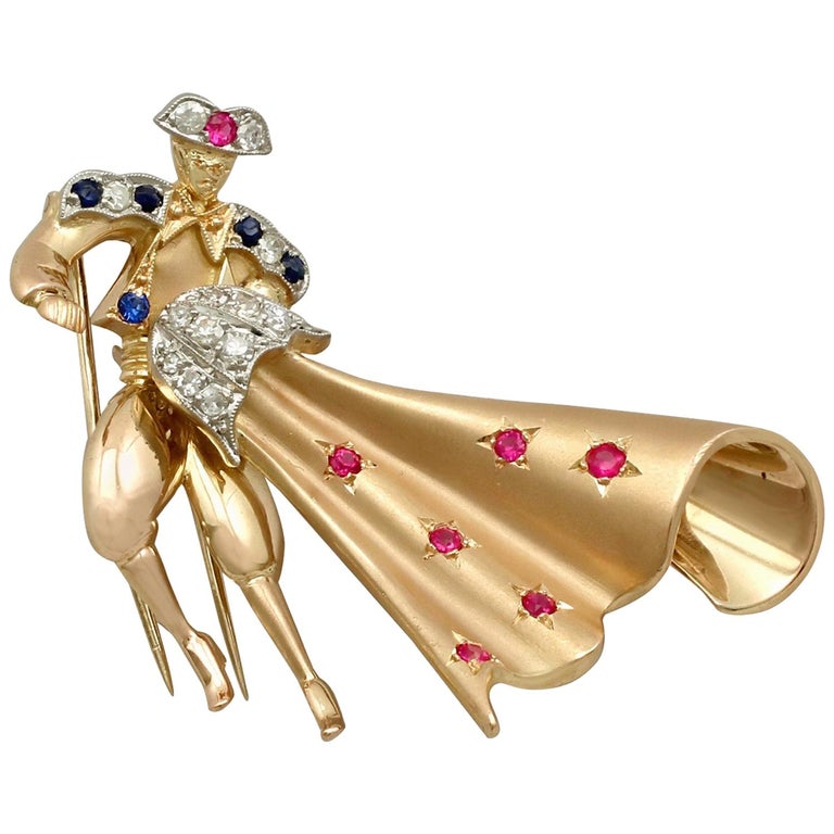 1950s Sapphire and Ruby Diamond 18K Yellow Gold Matador Brooch For Sale