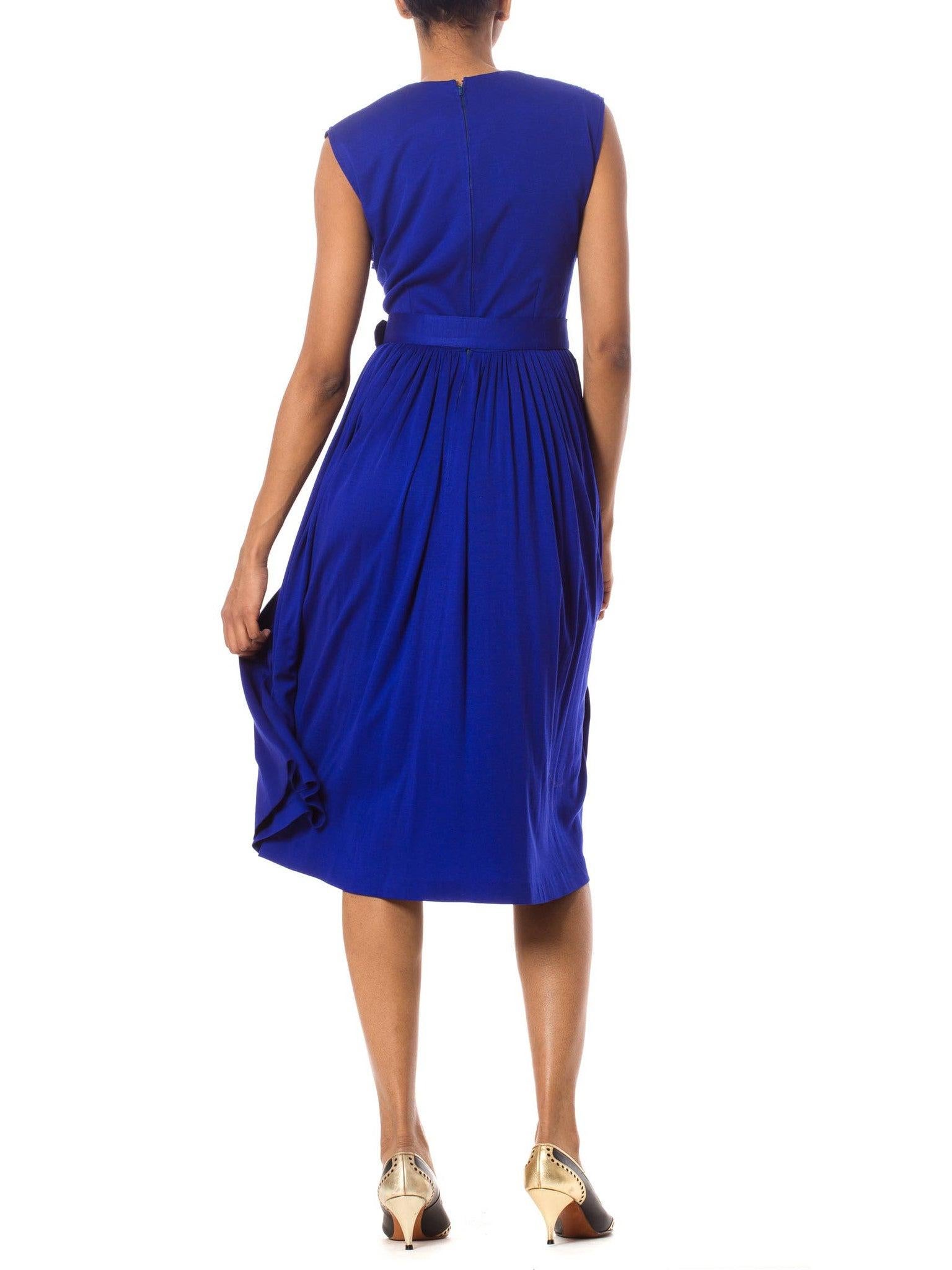 Women's 1950S Sapphire Blue  Silk Jersey Couture Hand Pleated Dress With Belt For Sale