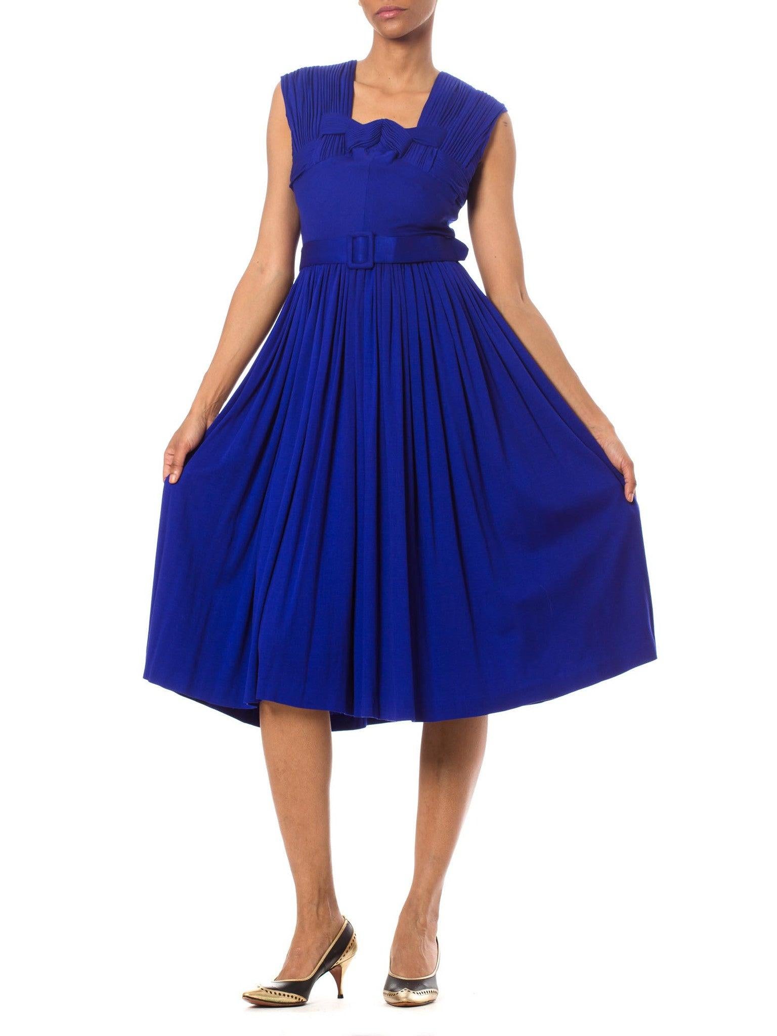 1950S Sapphire Blue  Silk Jersey Couture Hand Pleated Dress With Belt For Sale 1