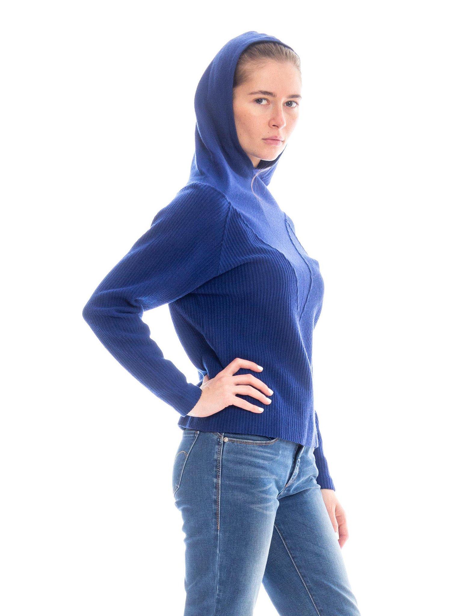 Women's 1950S Sapphire Blue  Wool Ribbed Hooded Sweater