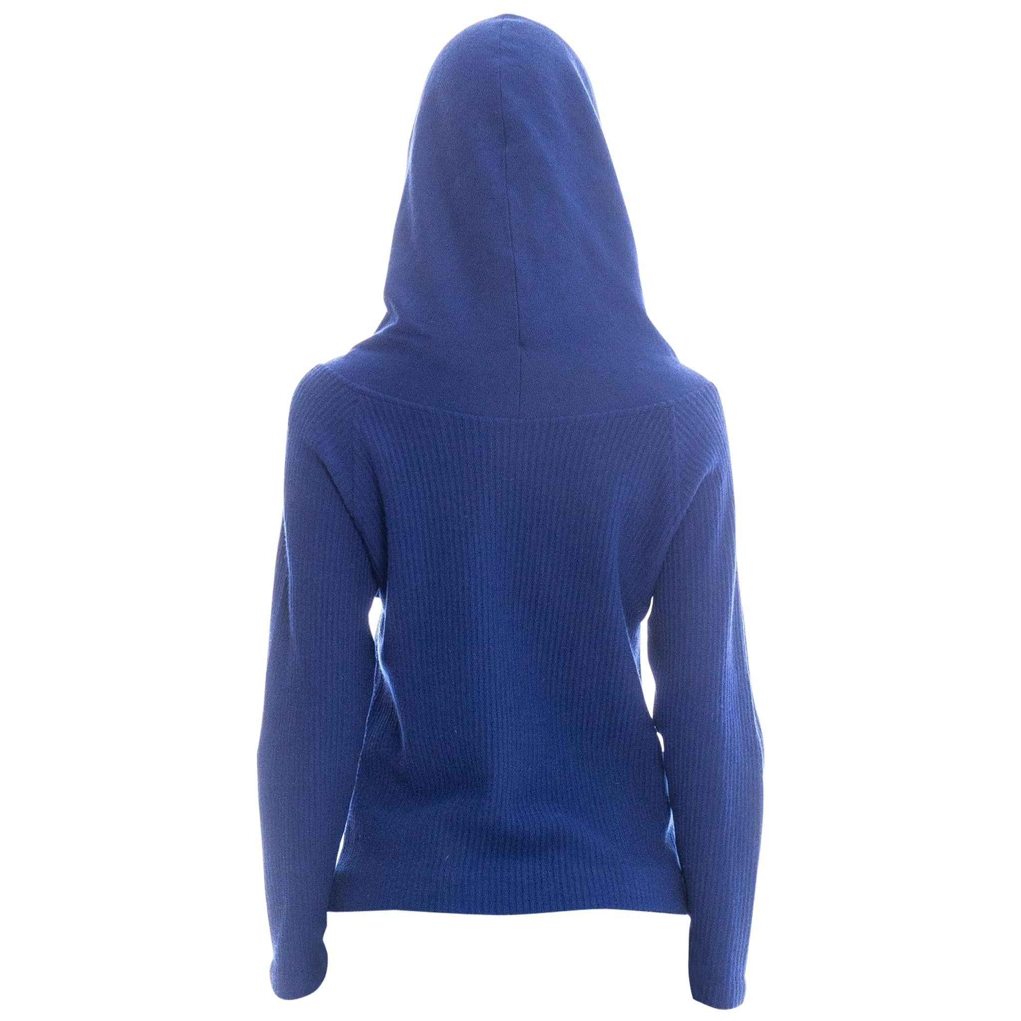 1950S Sapphire Blue  Wool Ribbed Hooded Sweater