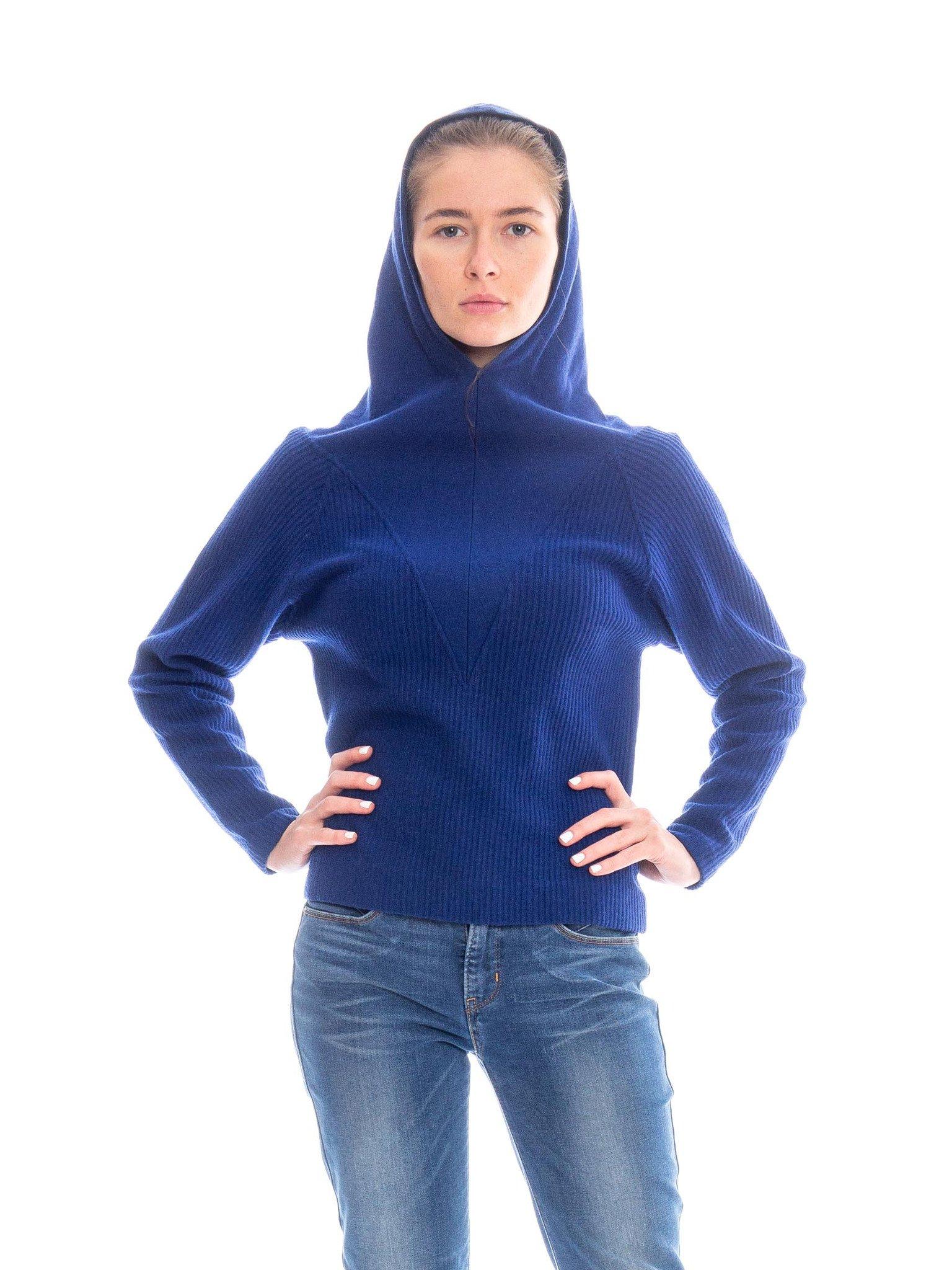 1950S Sapphire Blue  Wool Ribbed Hooded Sweater In Excellent Condition In New York, NY