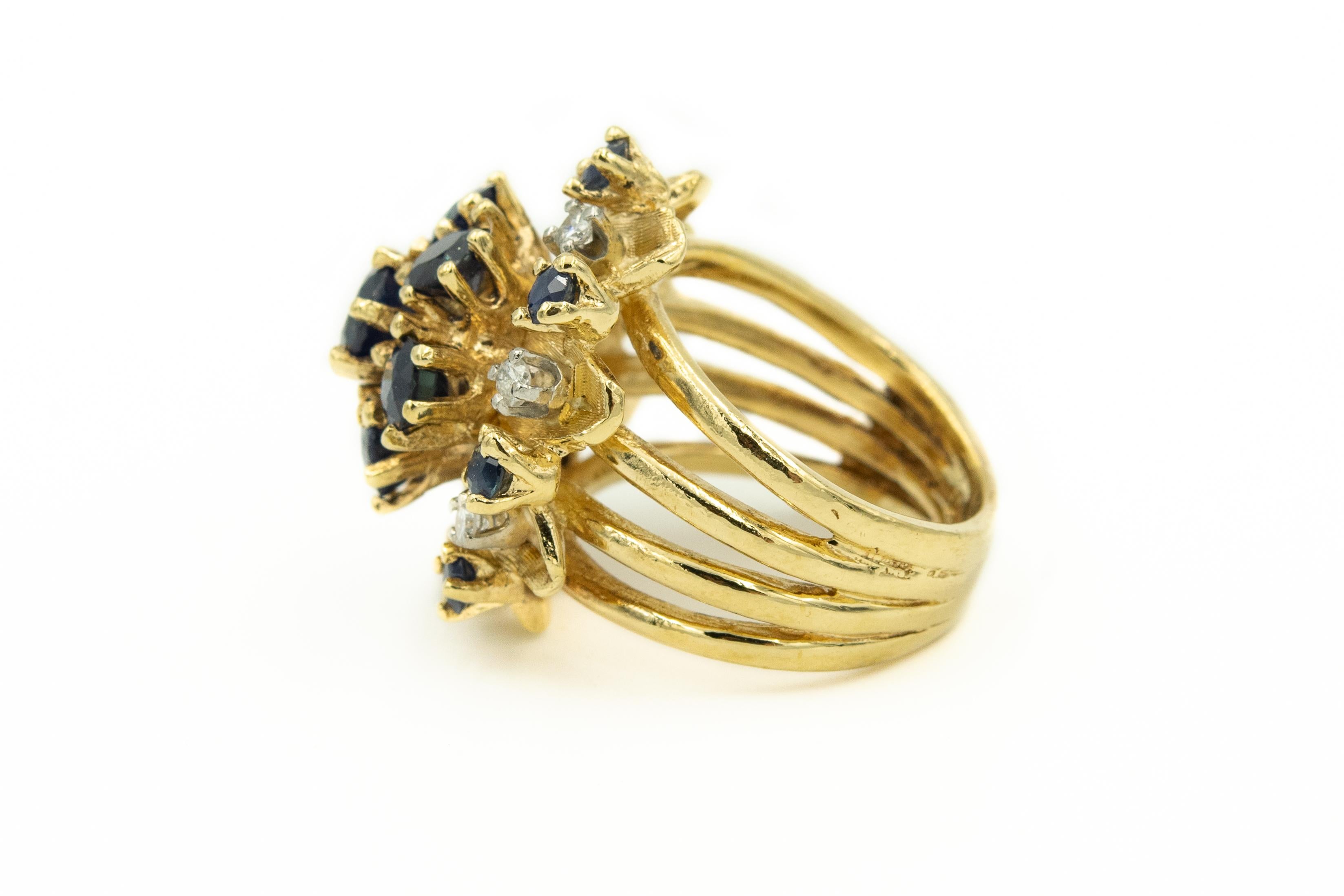 Round Cut 1950s Sapphire Diamond Flower Dome Cluster Yellow Gold Ring For Sale