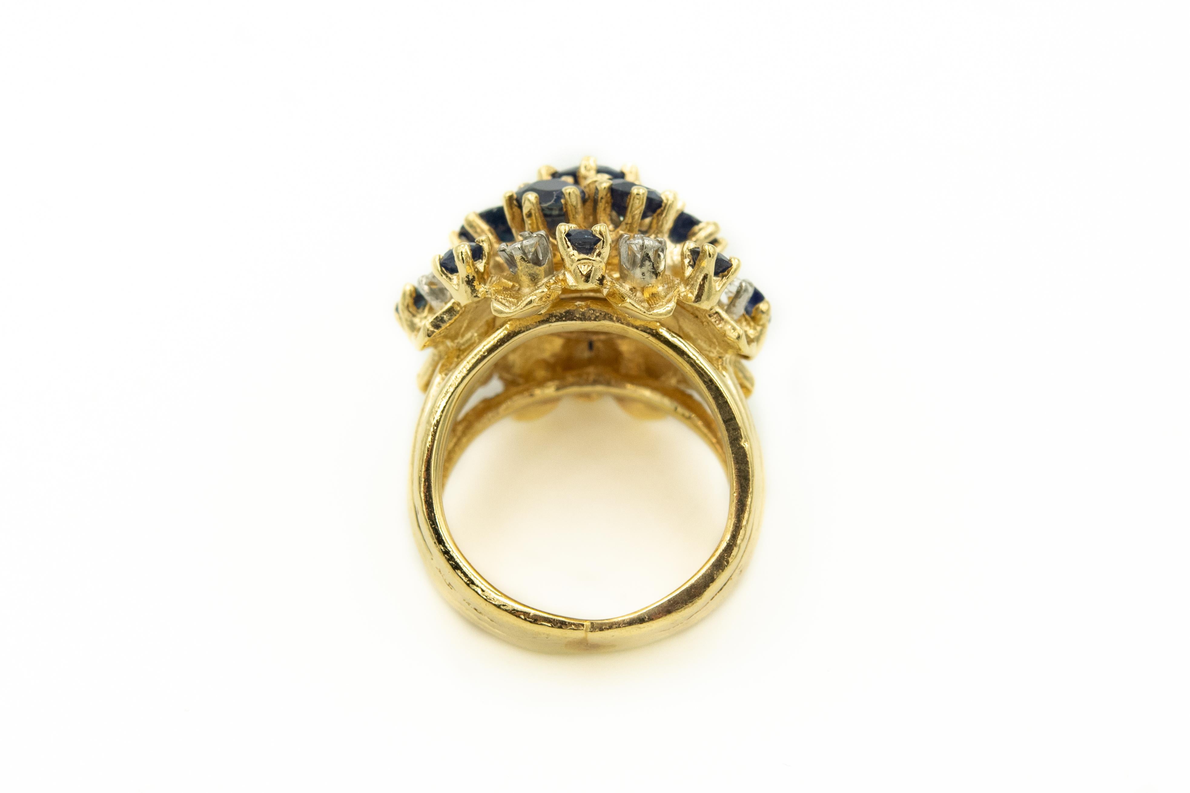 Women's 1950s Sapphire Diamond Flower Dome Cluster Yellow Gold Ring For Sale