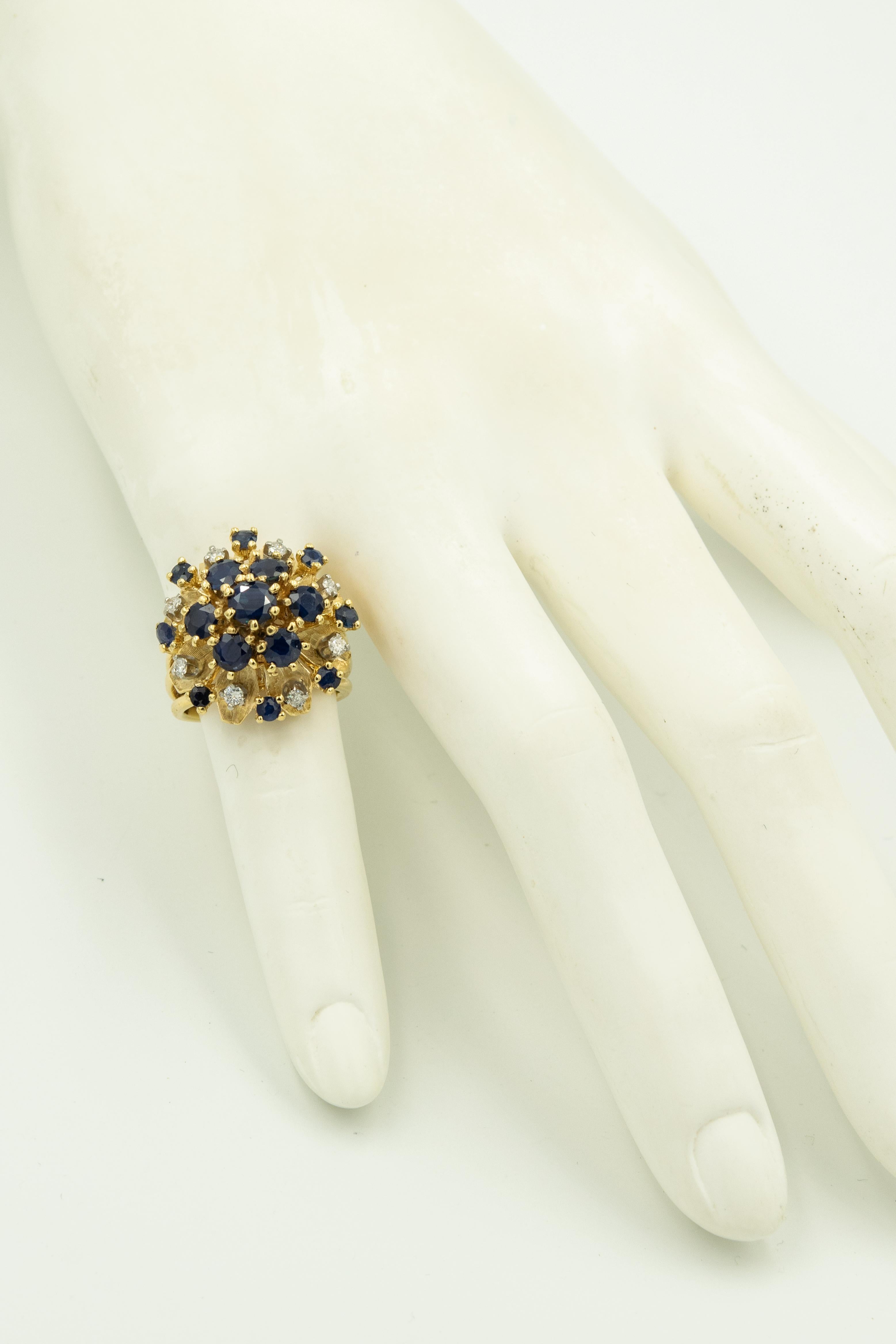 1950s Sapphire Diamond Flower Dome Cluster Yellow Gold Ring For Sale 1