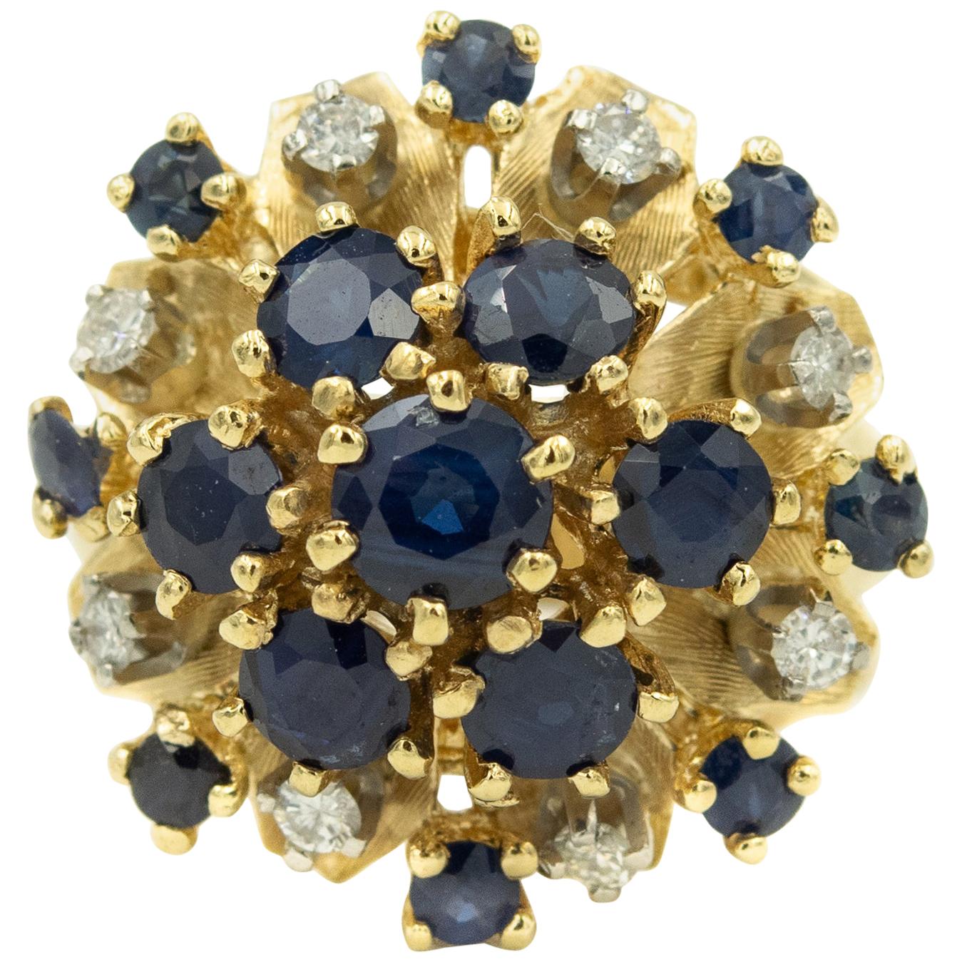 1950s Sapphire Diamond Flower Dome Cluster Yellow Gold Ring