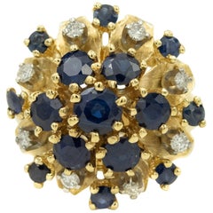 Vintage 1950s Sapphire Diamond Flower Dome Cluster Yellow Gold Ring