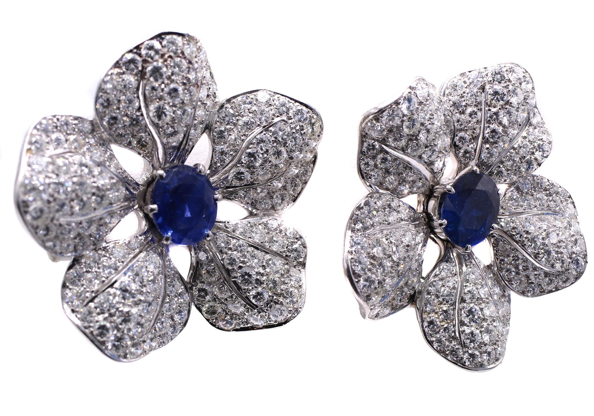 Mixed Cut 1950s Sapphire Diamond Platinum Floral Ear Clips For Sale