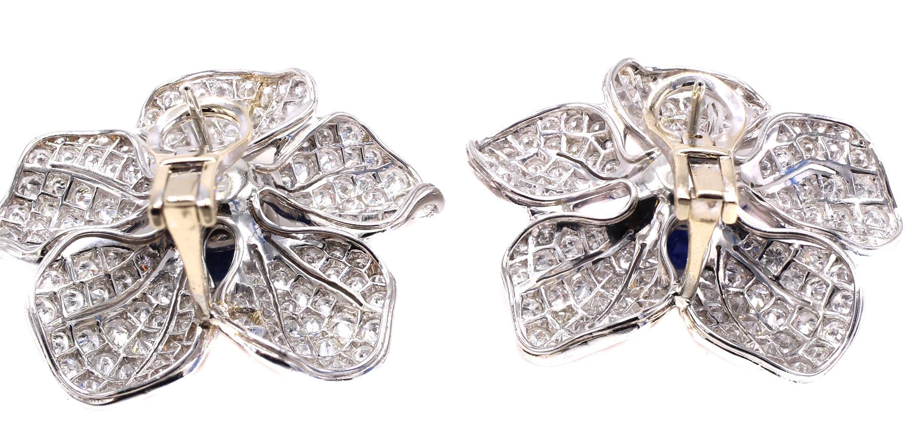 1950s Sapphire Diamond Platinum Floral Ear Clips In Good Condition For Sale In New York, NY