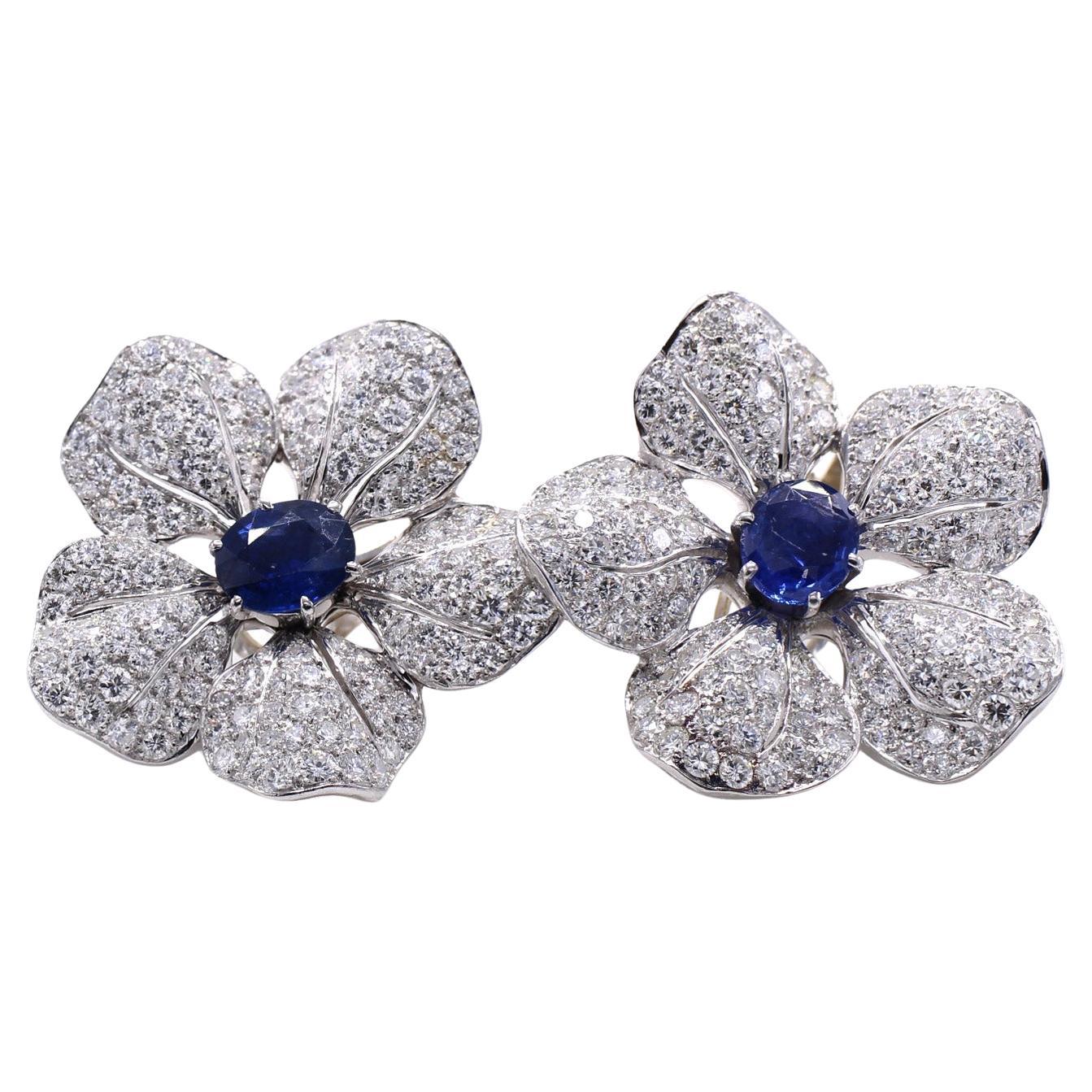 1950s Saphir Diamant Platine Floral Ear Clips
