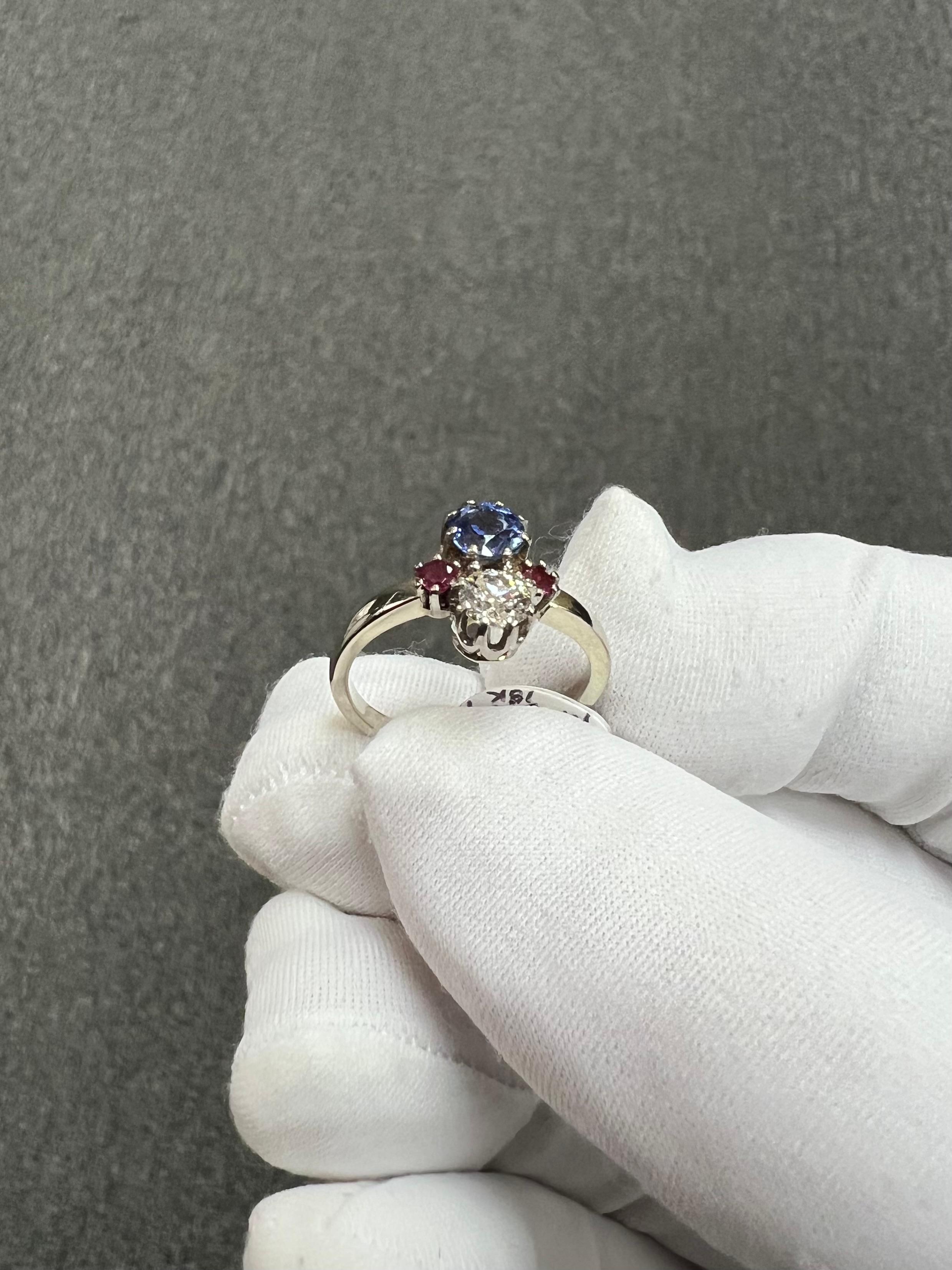 1950s Sapphire Diamond Ruby White Gold Vintage Engagement Ring For Sale 10