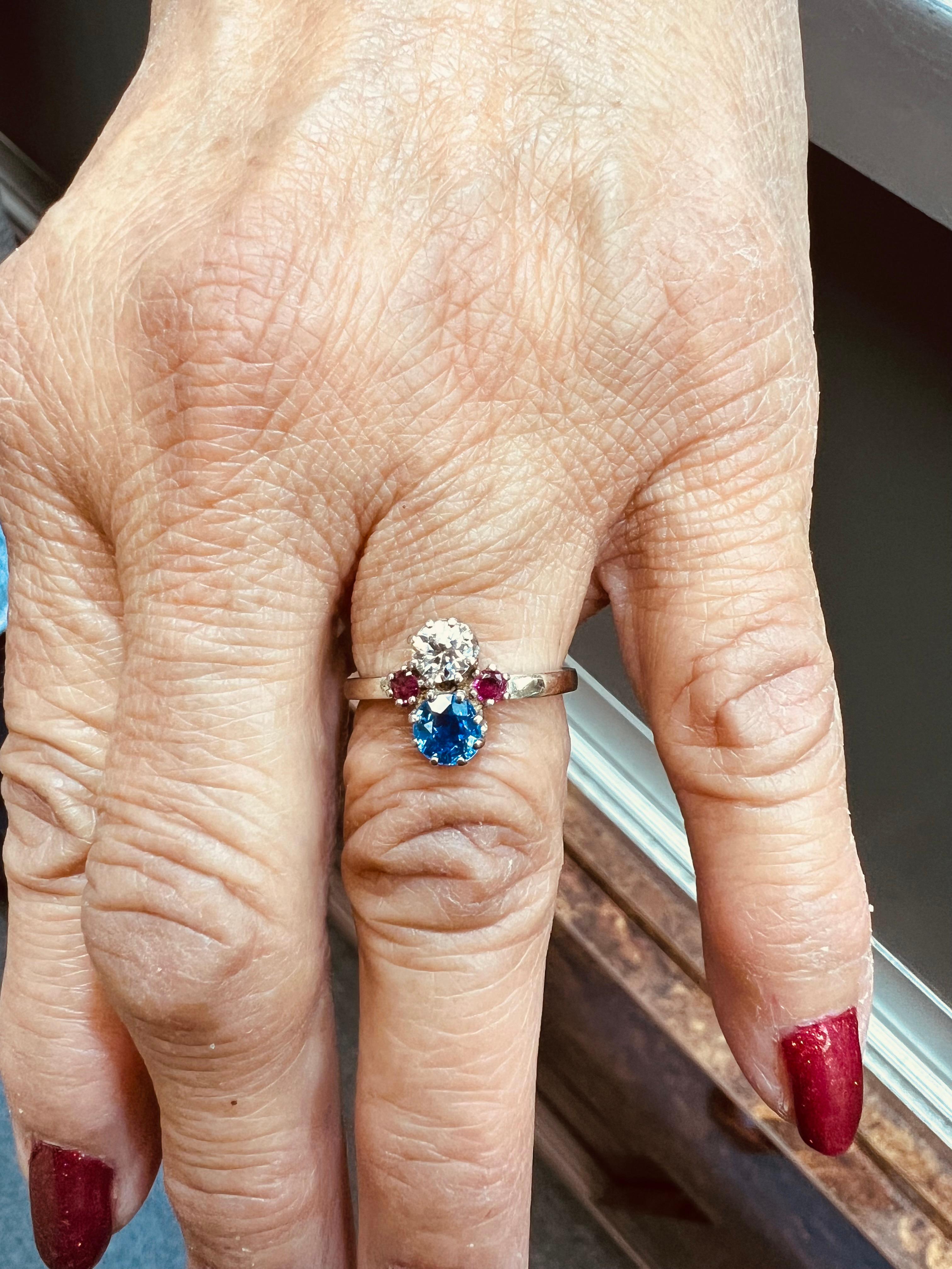 1950s Sapphire Diamond and Ruby white gold Vintage engagement ring.

The 1950s sapphire diamond and ruby white gold vintage ring represents a fascinating intersection of artistry, craftsmanship, and cultural trends in mid-20th century jewelry