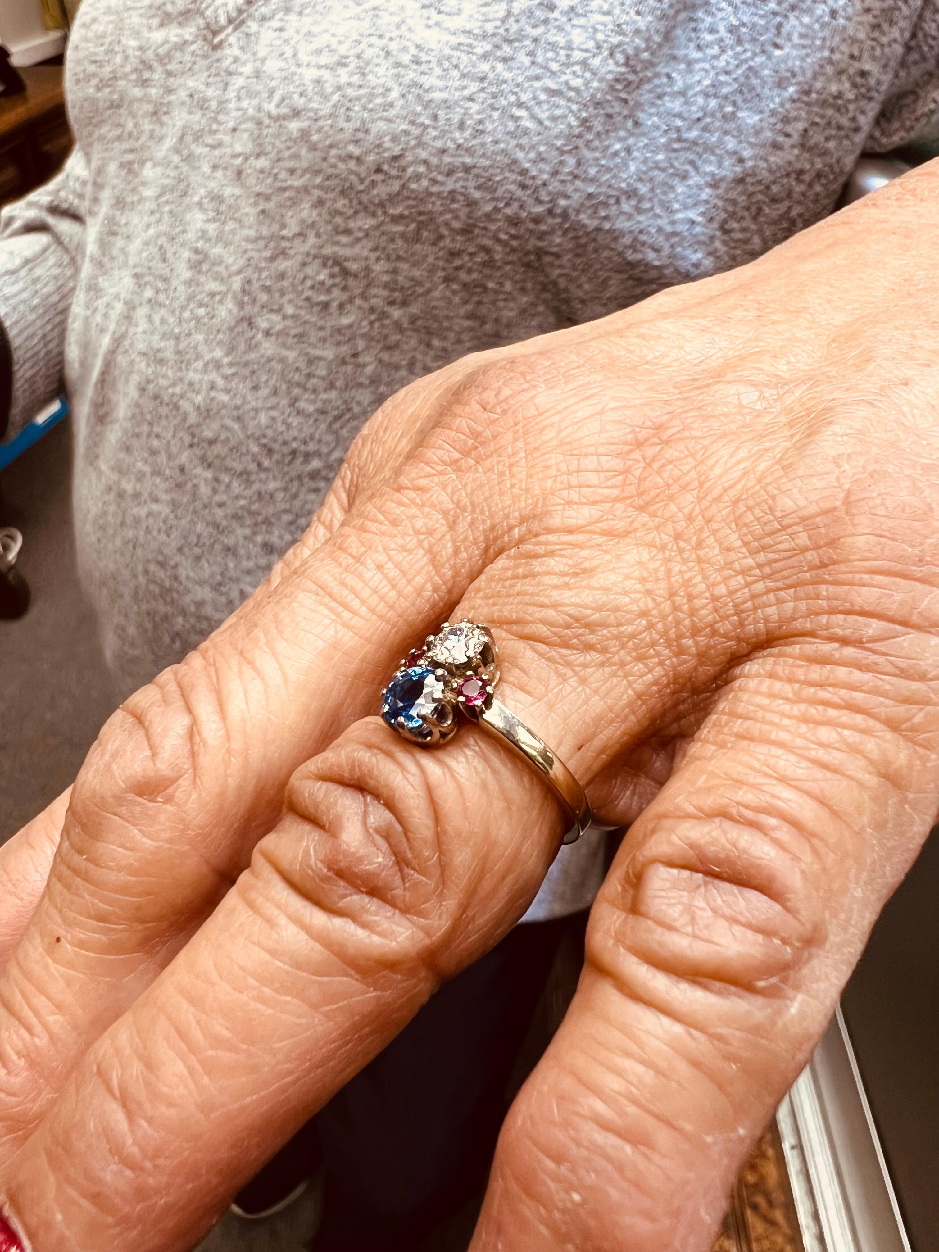 Modern 1950s Sapphire Diamond Ruby White Gold Vintage Engagement Ring For Sale