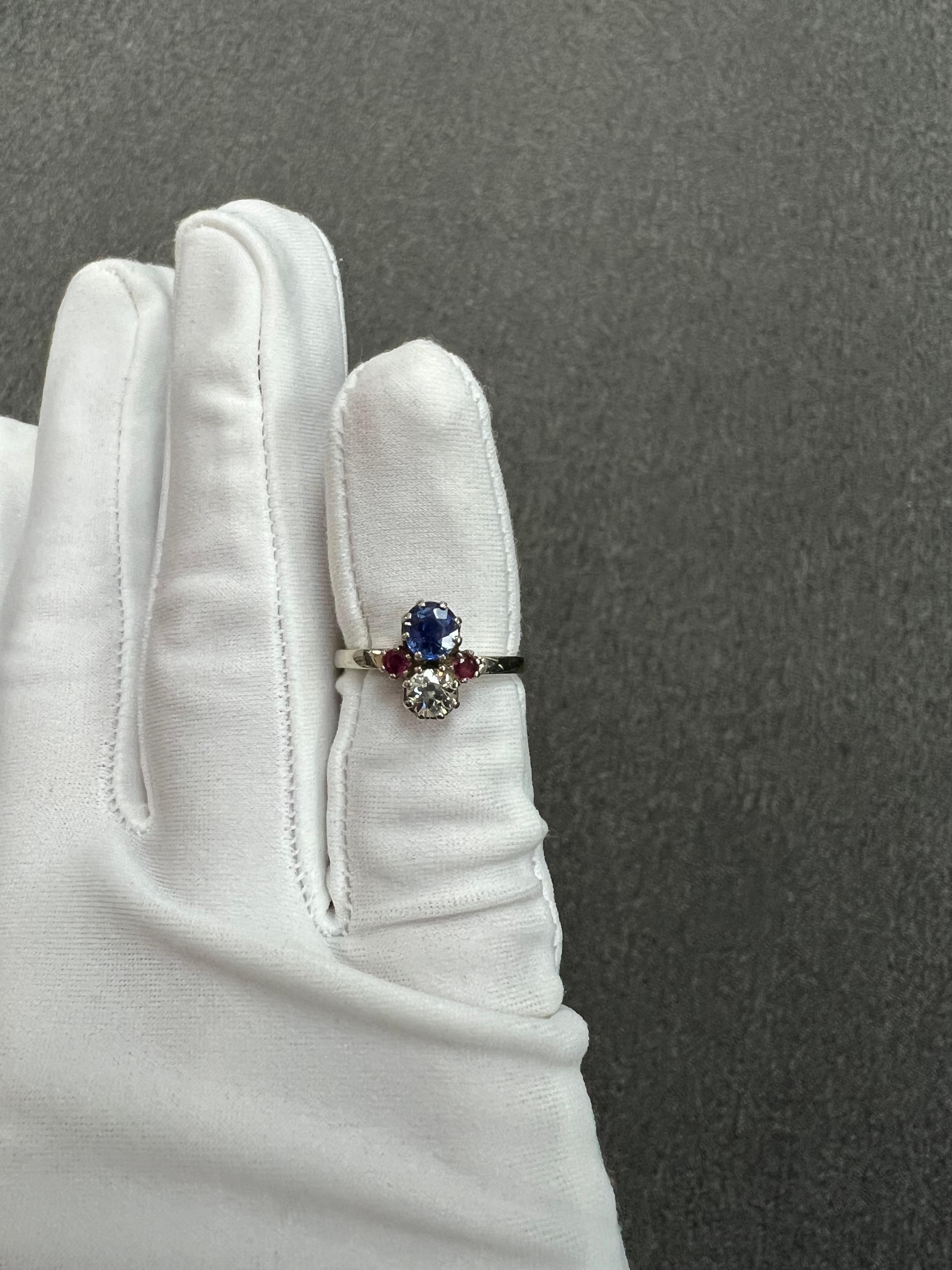 1950s Sapphire Diamond Ruby White Gold Vintage Engagement Ring For Sale 1
