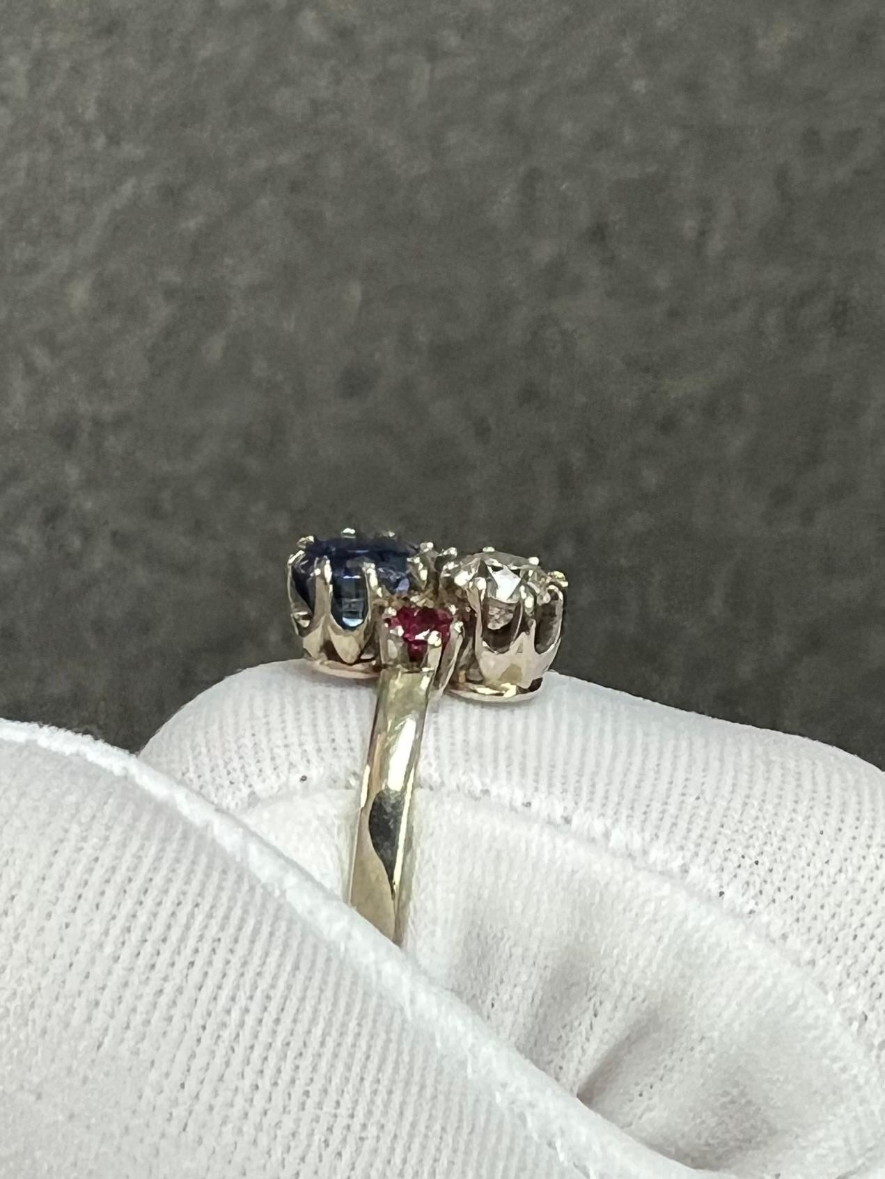 1950s Sapphire Diamond Ruby White Gold Vintage Engagement Ring For Sale 3