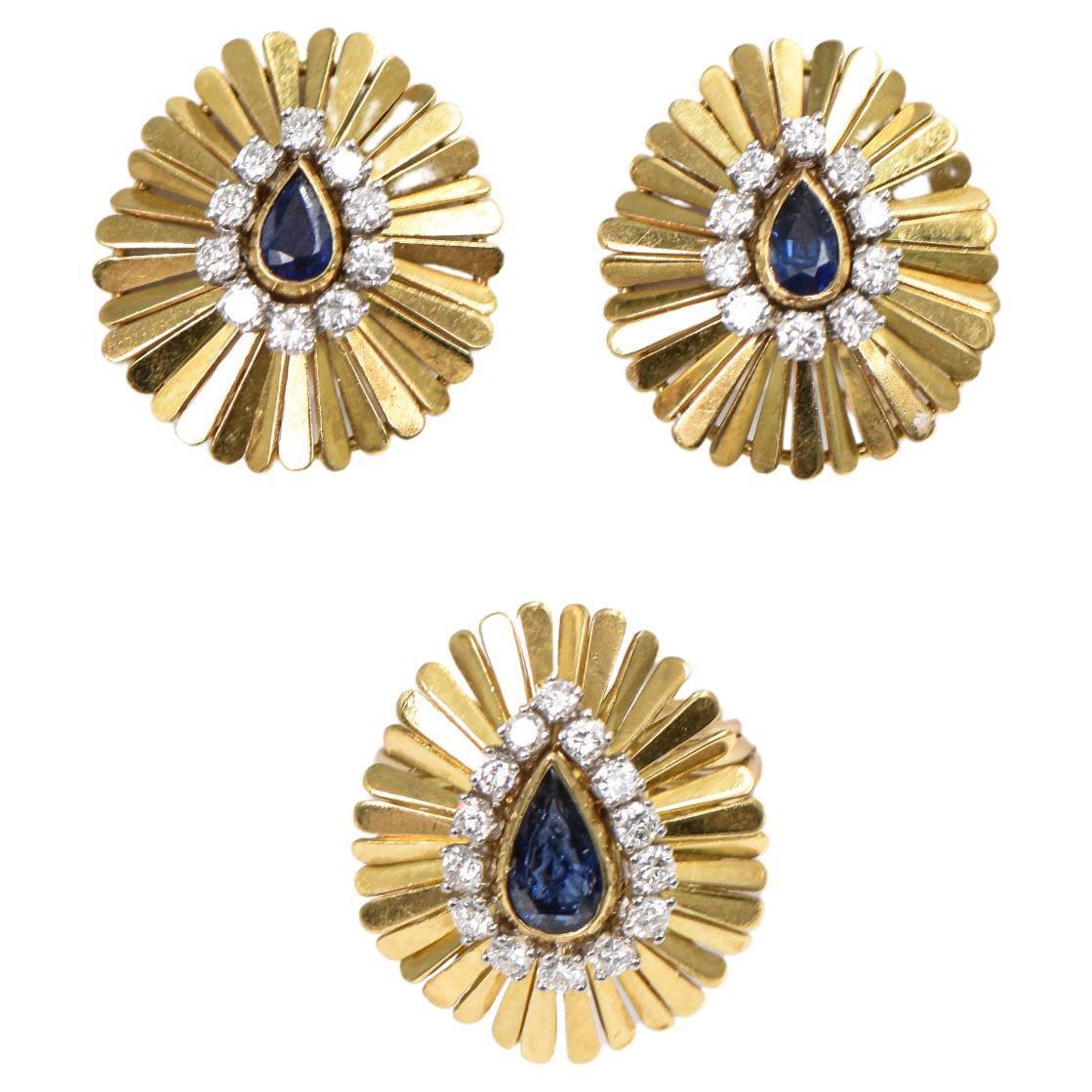 1950s Sapphire Diamond Ruffled Yellow Gold Clip Earrings and Cocktail Ring Set