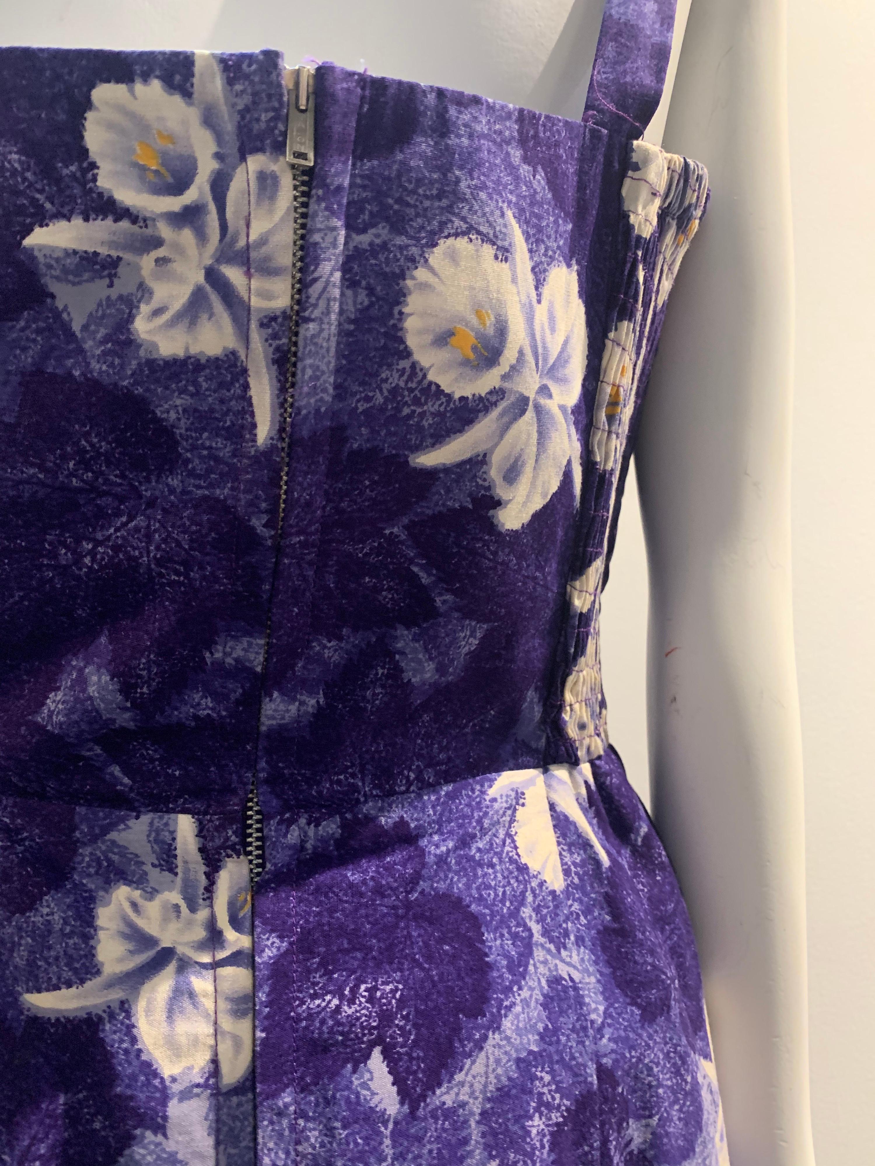 1950s Sarong-Style Cotton Sun Dress In Purple Tropical Print W/ Orchids For Sale 2