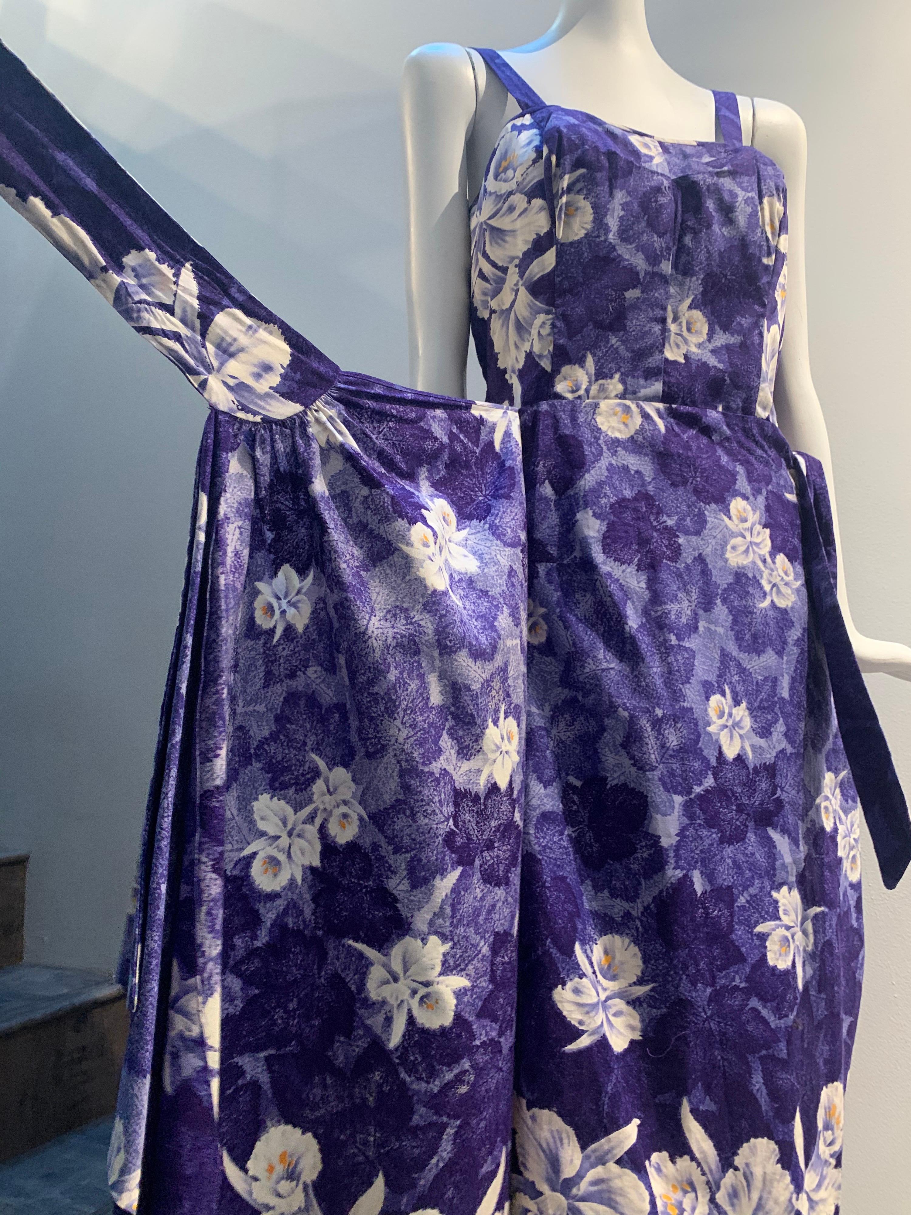1950s Sarong-Style Cotton Sun Dress In Purple Tropical Print W/ Orchids For Sale 5