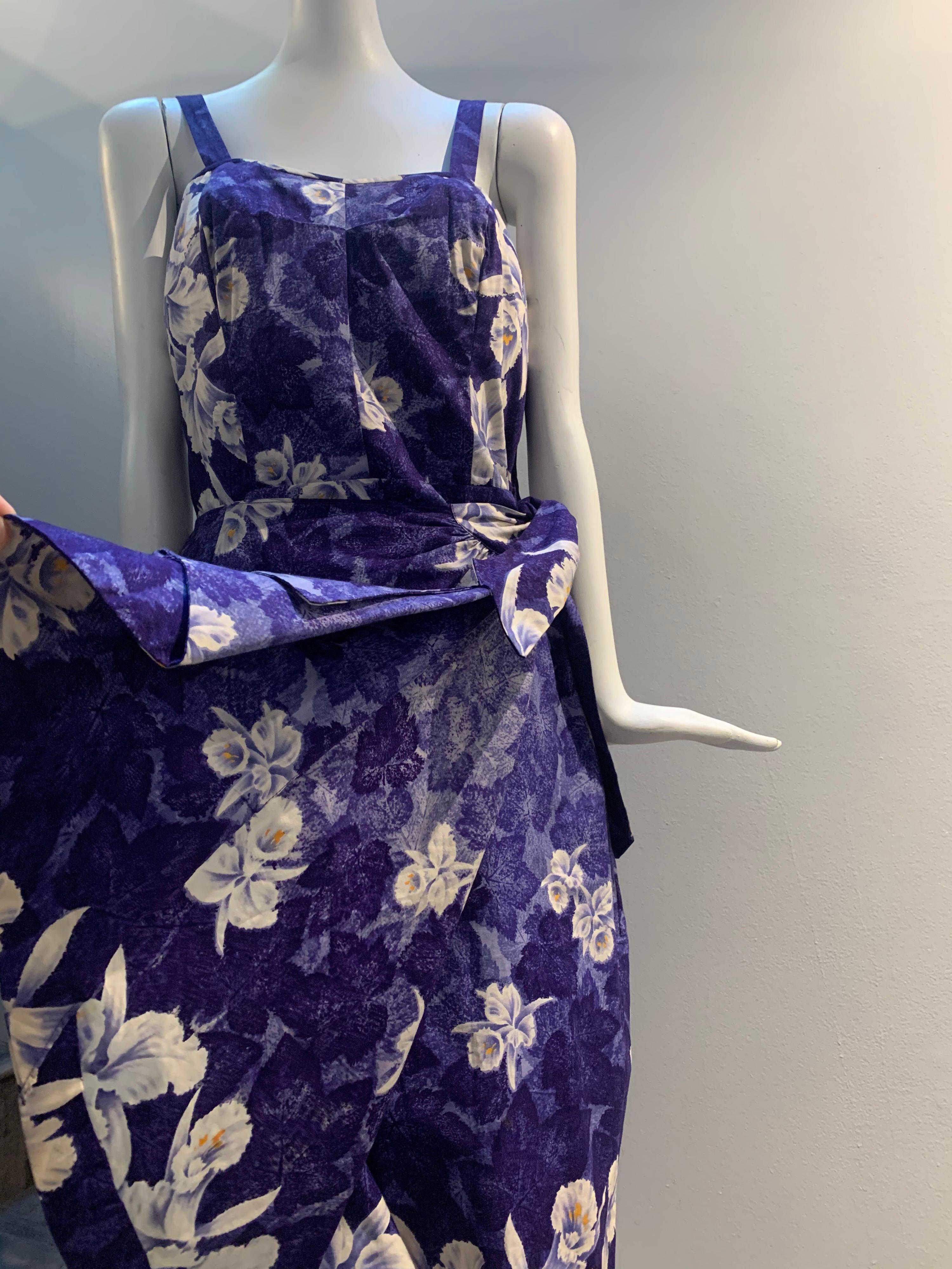1950s Sarong-Style Cotton Sun Dress In Purple Tropical Print W/ Orchids In Excellent Condition For Sale In Gresham, OR