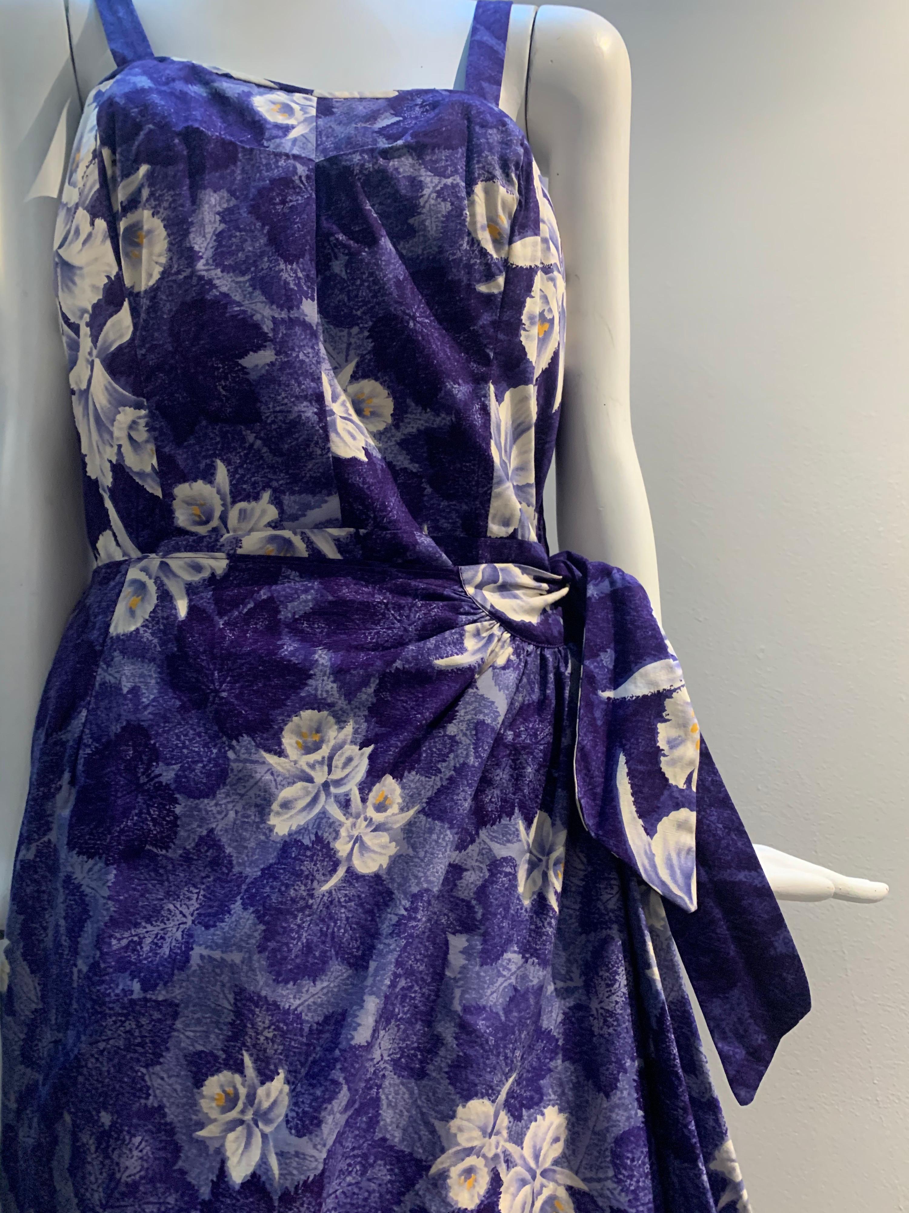 Women's 1950s Sarong-Style Cotton Sun Dress In Purple Tropical Print W/ Orchids For Sale