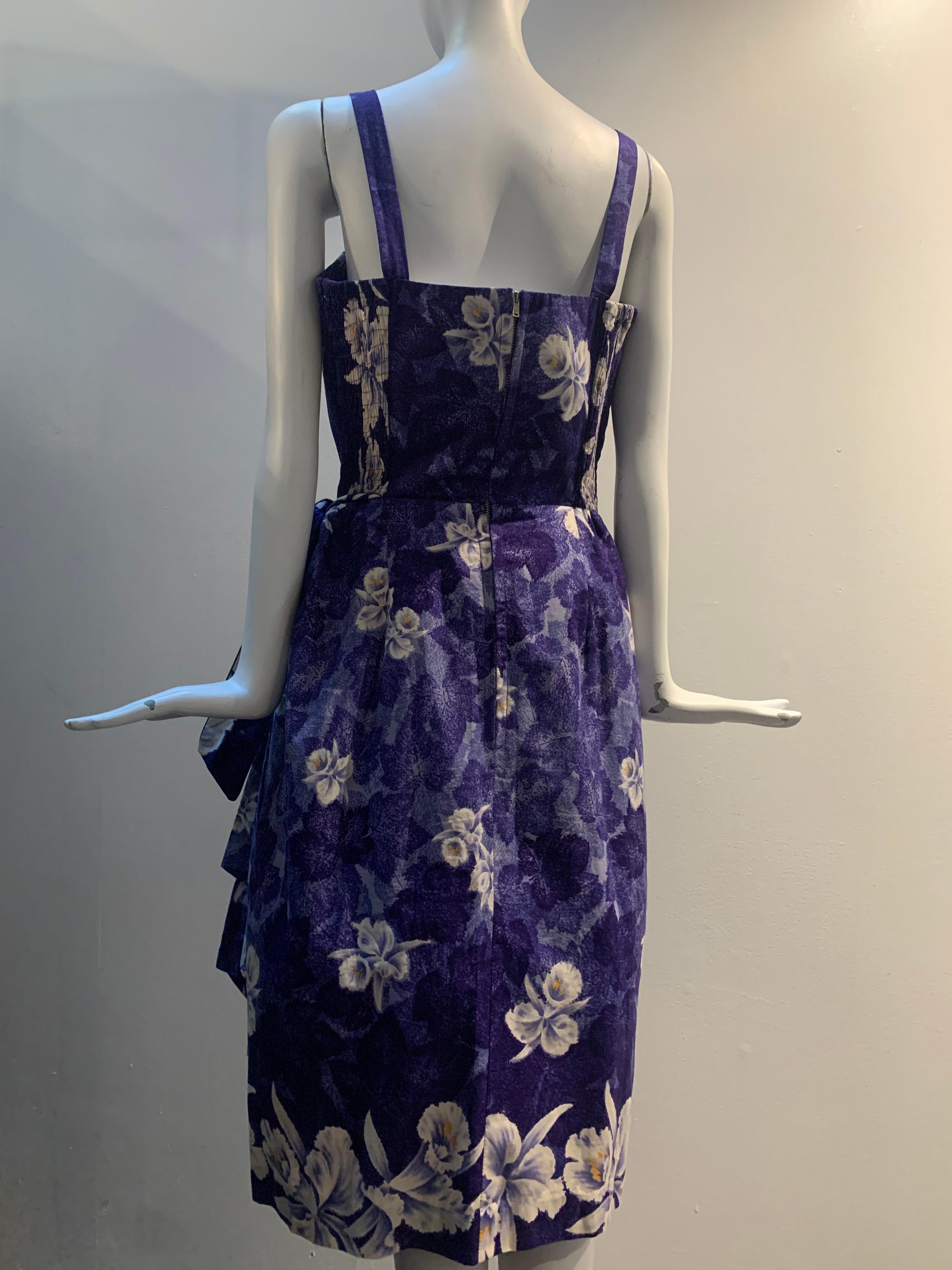 1950s Sarong-Style Cotton Sun Dress In Purple Tropical Print W/ Orchids For Sale 1