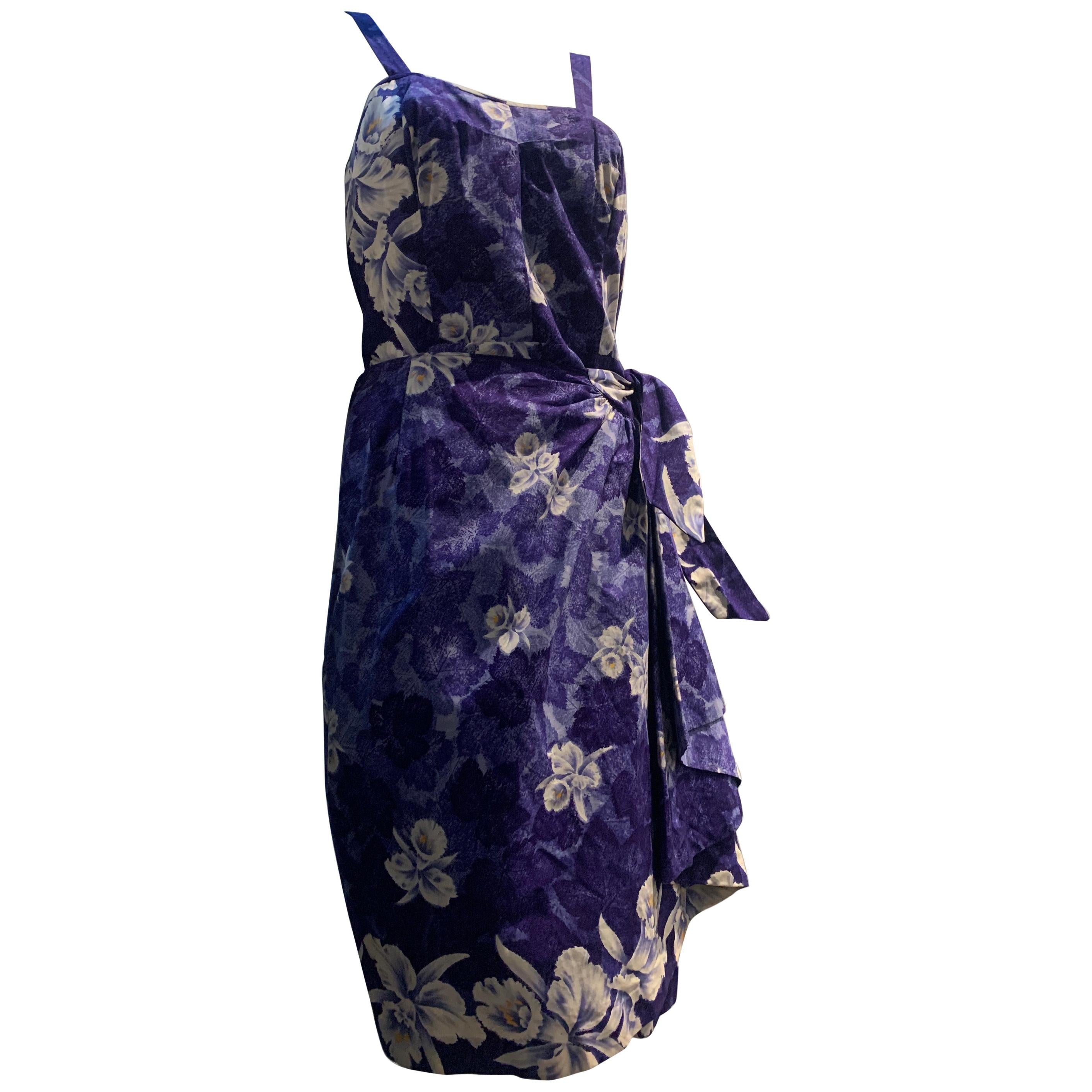 1950s Sarong-Style Cotton Sun Dress In Purple Tropical Print W/ Orchids For Sale
