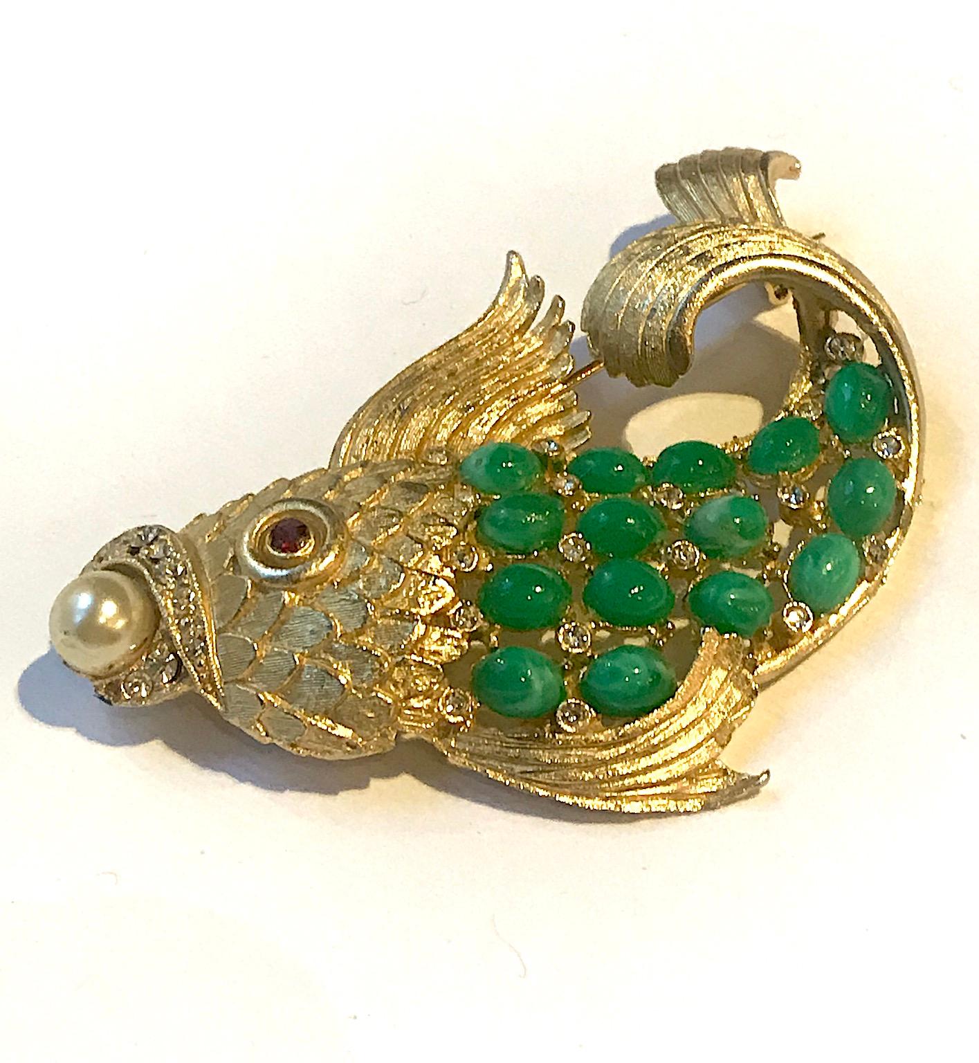 Women's or Men's 1950s Satin Gold Figural Brooch of Fish with Green Cabochon