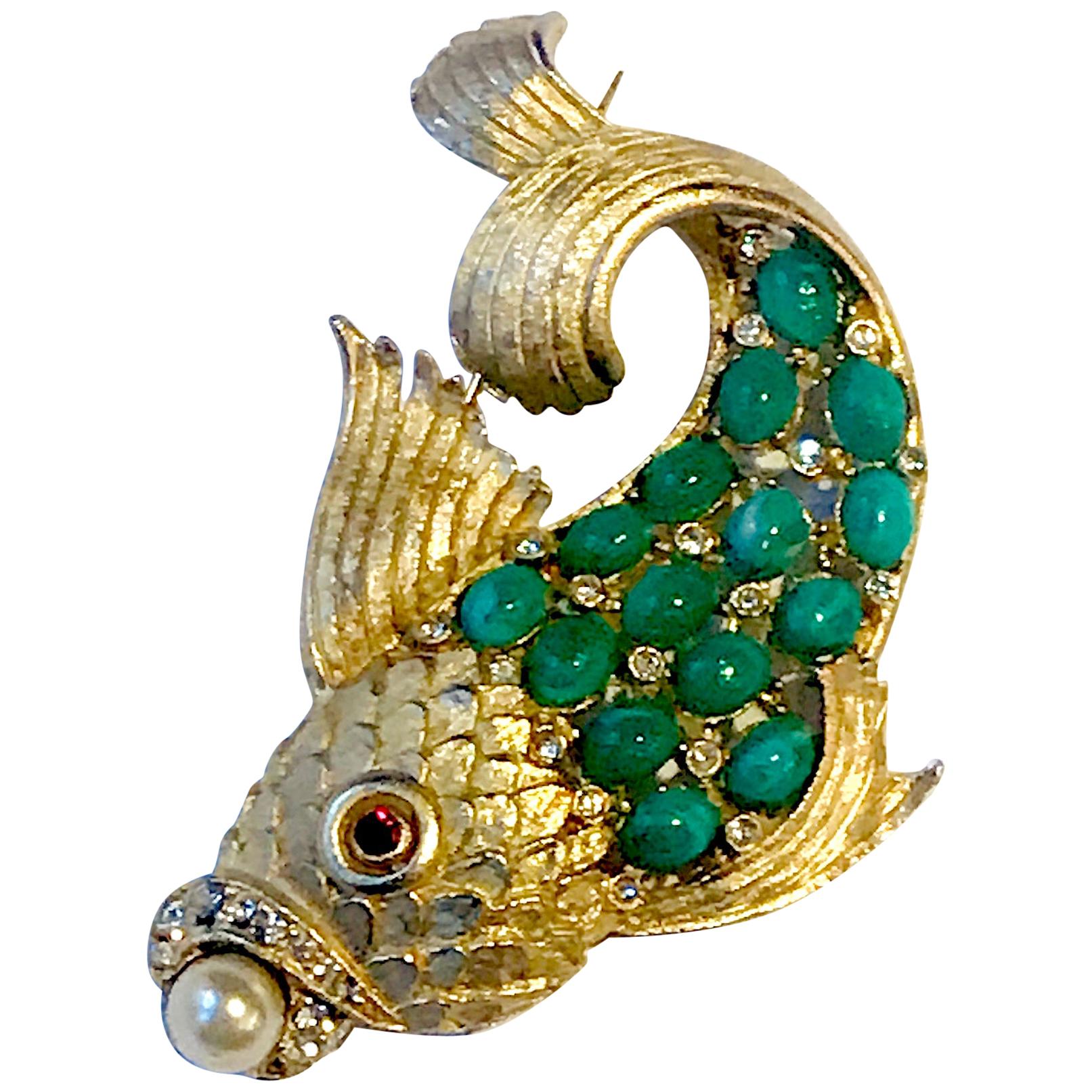 1950s Satin Gold Figural Brooch of Fish with Green Cabochon