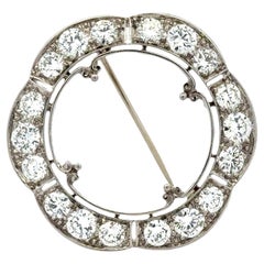 Vintage 1950's Scalloped Round Brilliant Cut Diamond Platinum Circle Brooch