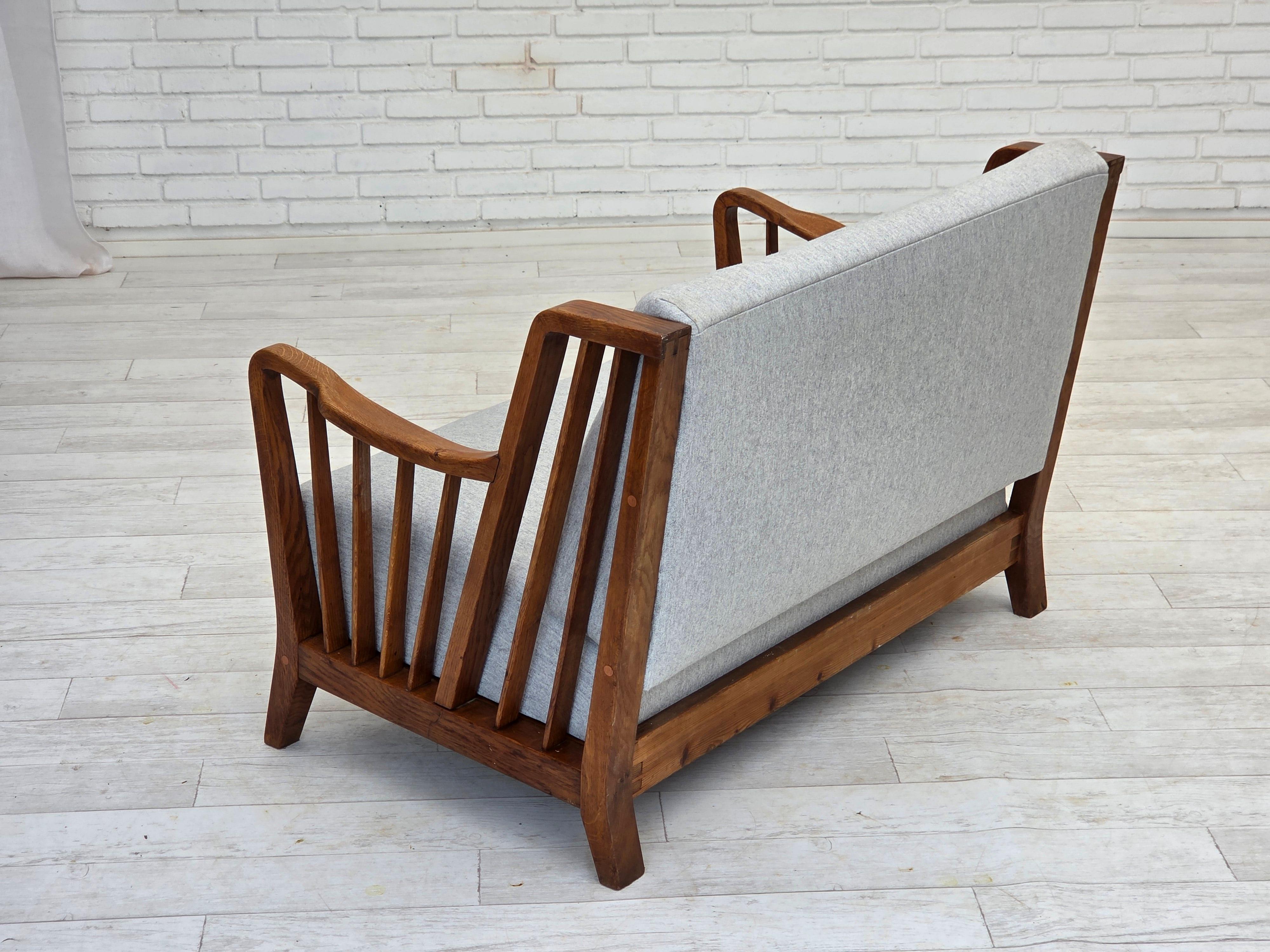 1950s, Scandinavian 2-seater sofa, reupholstered, furniture wool, oak. For Sale 4