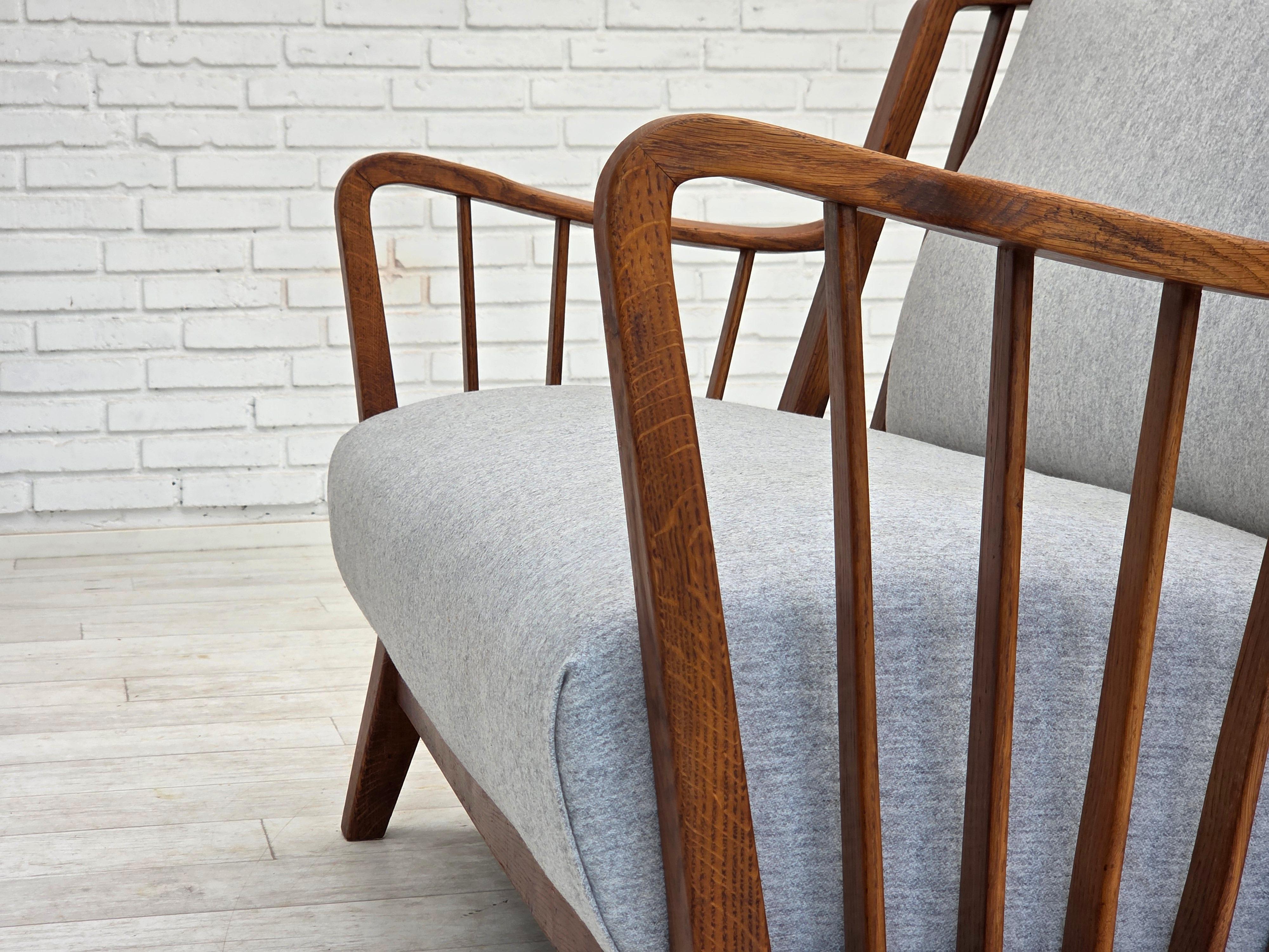 1950s, Scandinavian 2-seater sofa, reupholstered, furniture wool, oak. For Sale 5