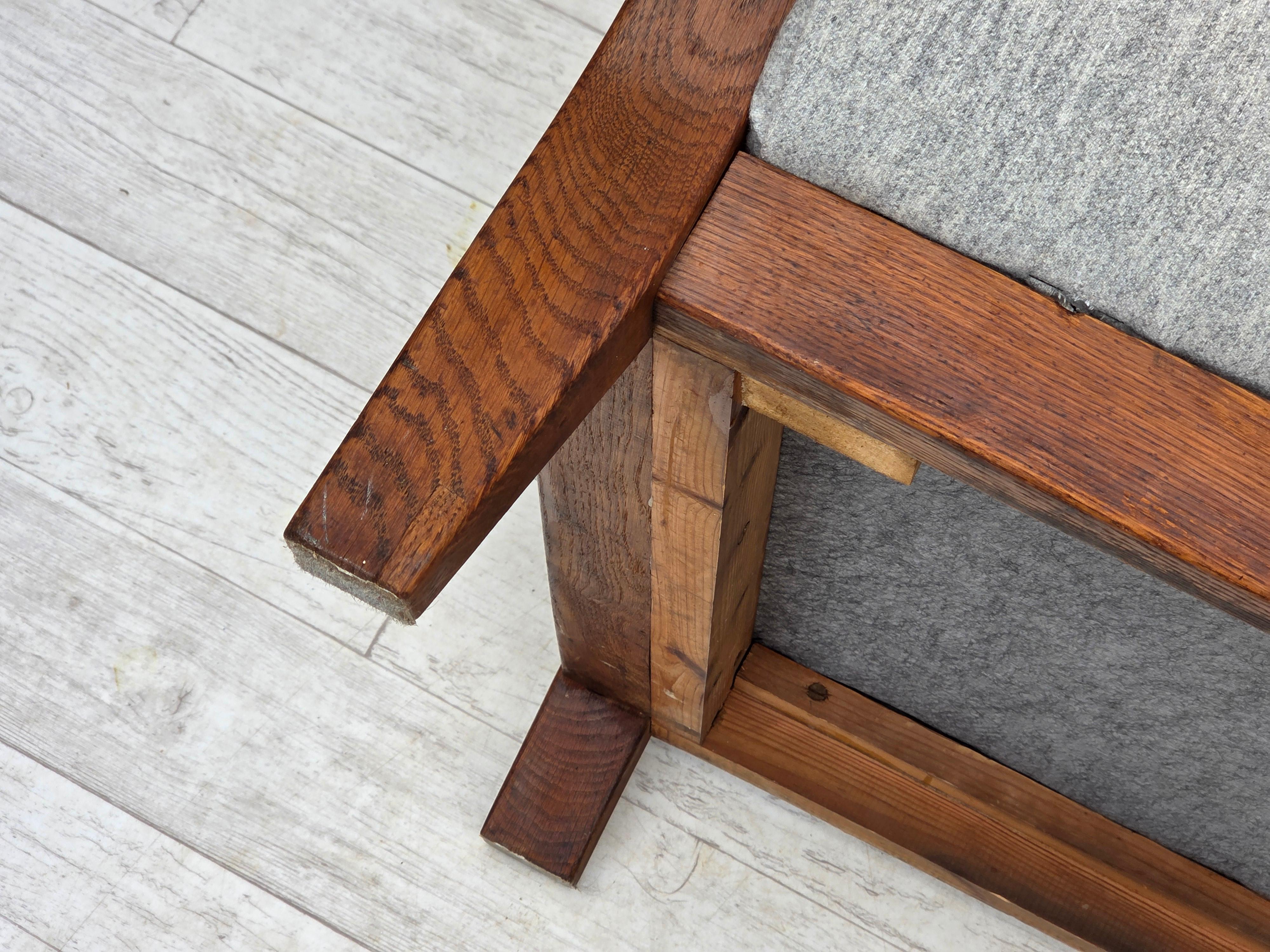 1950s, Scandinavian 2-seater sofa, reupholstered, furniture wool, oak. For Sale 7