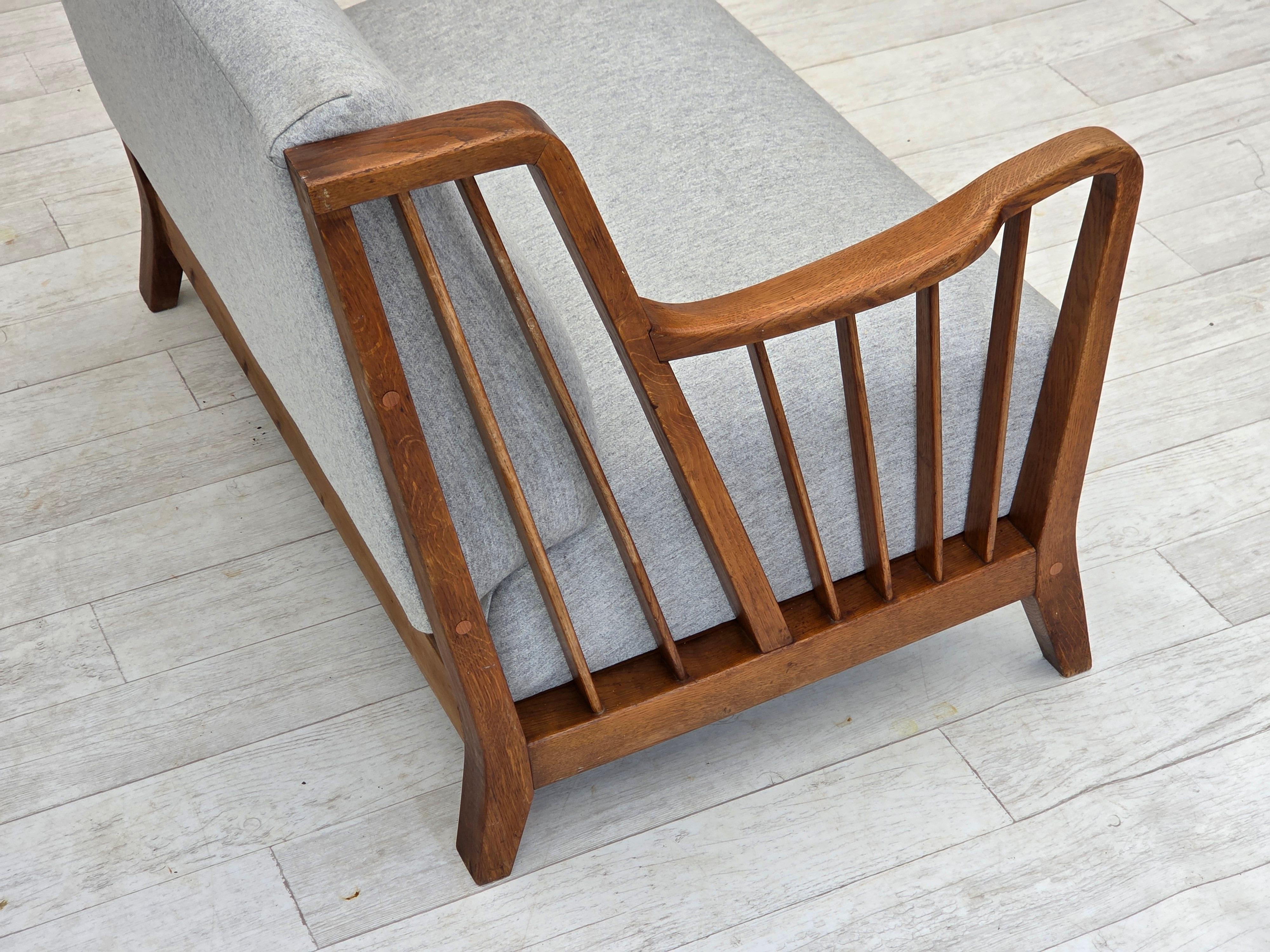 1950s, Scandinavian 2-seater sofa, reupholstered, furniture wool, oak. For Sale 10