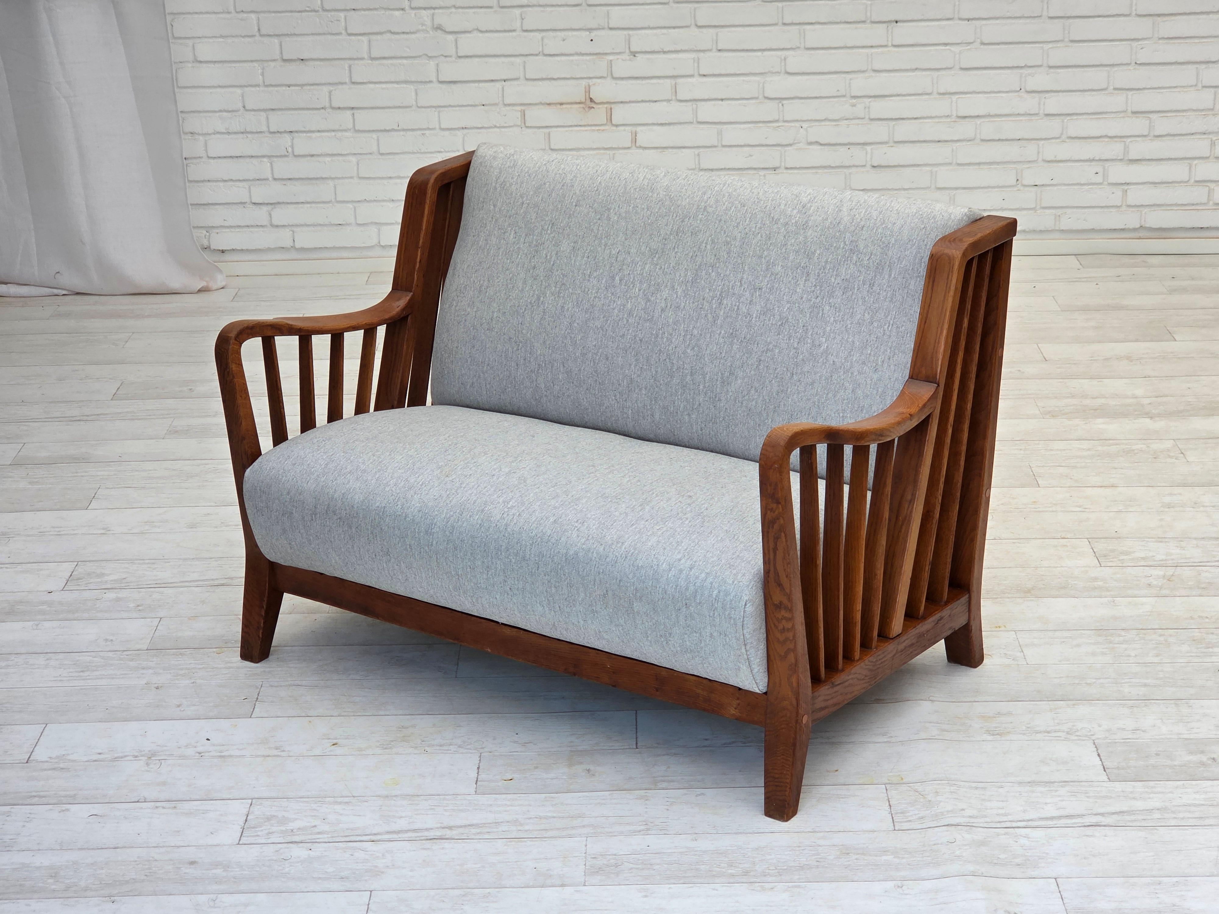 1950s, Scandinavian 2-seater sofa, reupholstered, furniture wool, oak. For Sale 11