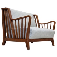 1950s, Scandinavian 2-seater sofa, reupholstered, furniture wool, oak.