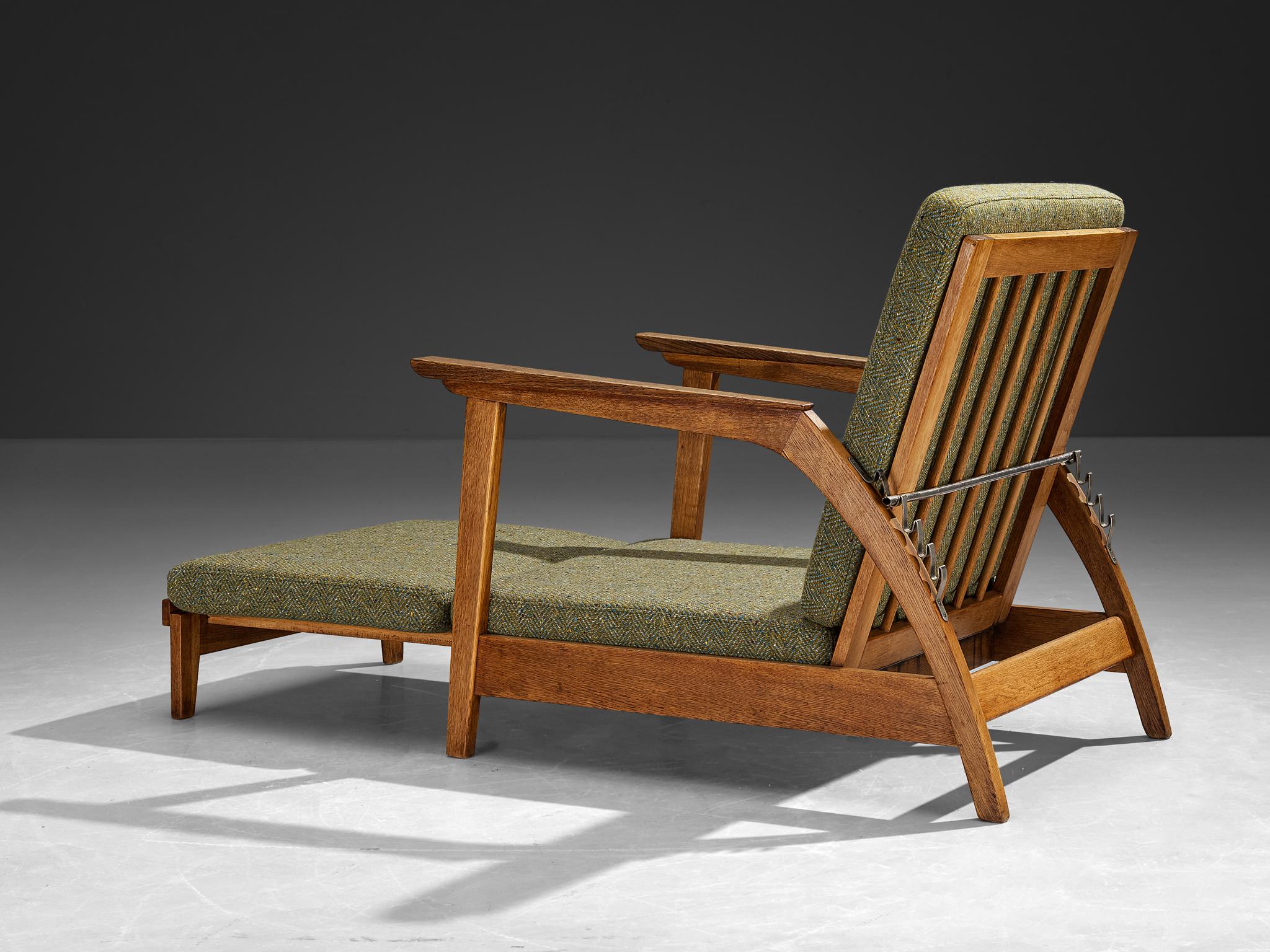 Chaise longue, oak, reupholstered in wool tweed 