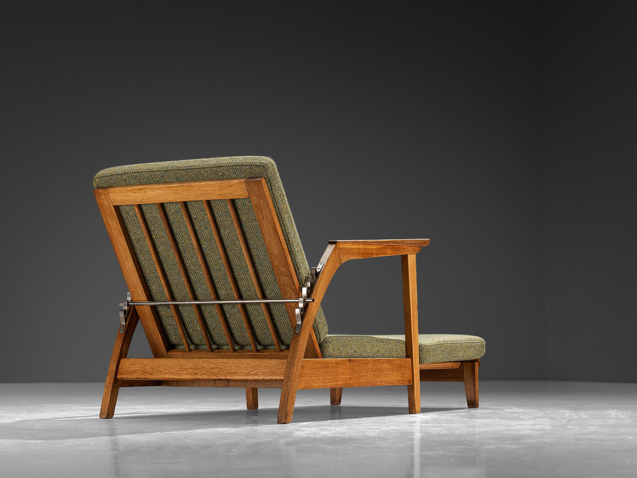 Mid-20th Century 1950s Scandinavian Adjustable Chaise Longue in Solid Oak and Green Wool For Sale