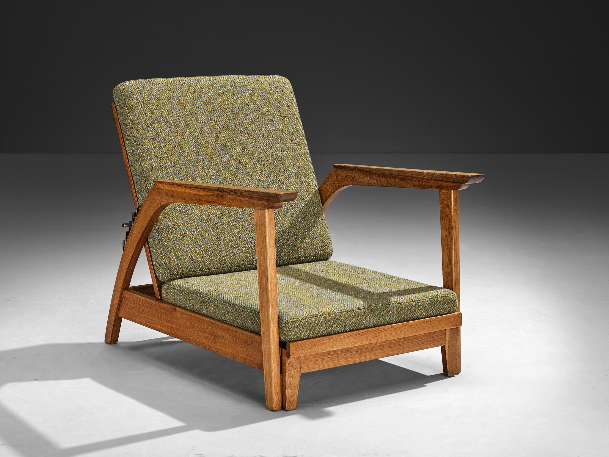 Metal 1950s Scandinavian Adjustable Chaise Longue in Solid Oak and Green Wool For Sale