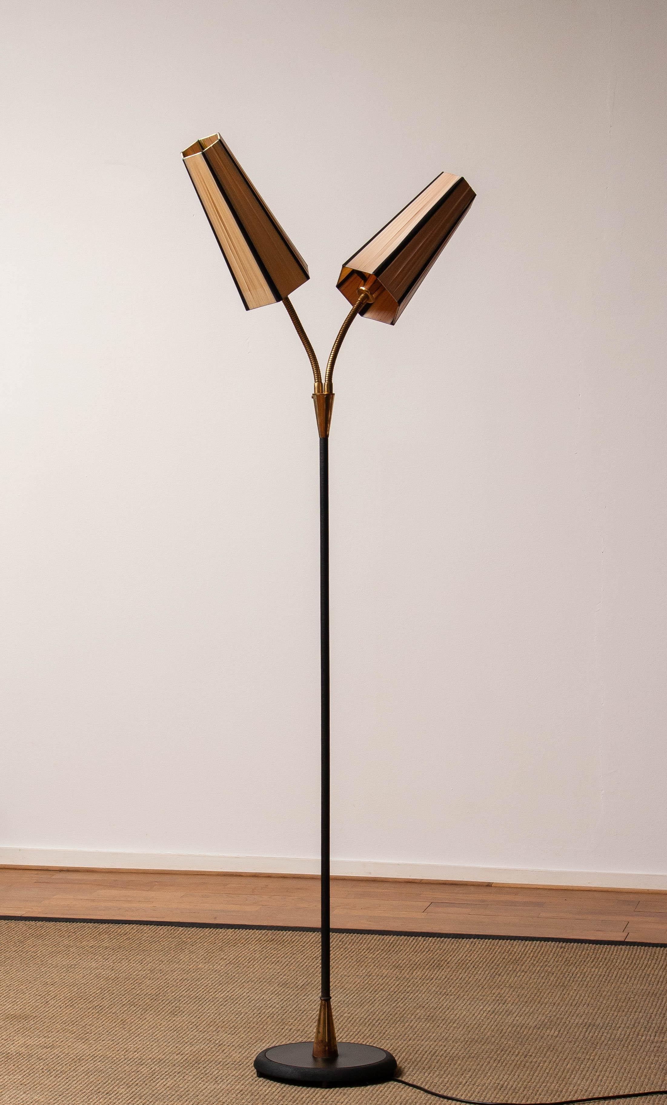 1950's Scandinavian Black Iron and Brass Mid Century Floor Lamp Made in Sweden 4