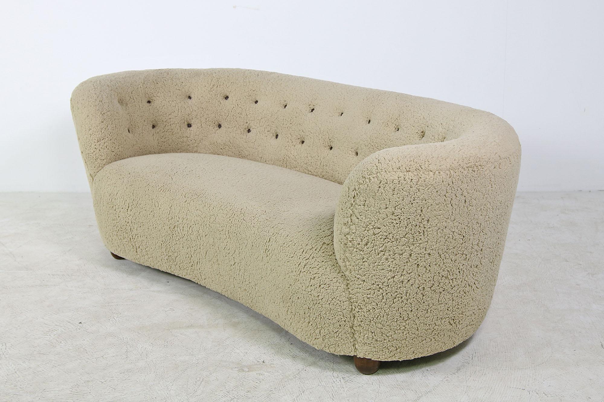 Mid-Century Modern 1950s Danish Mid Curved Sofa, Teddy Fur & Tufted Leather, Faux Fur Sheepskin For Sale