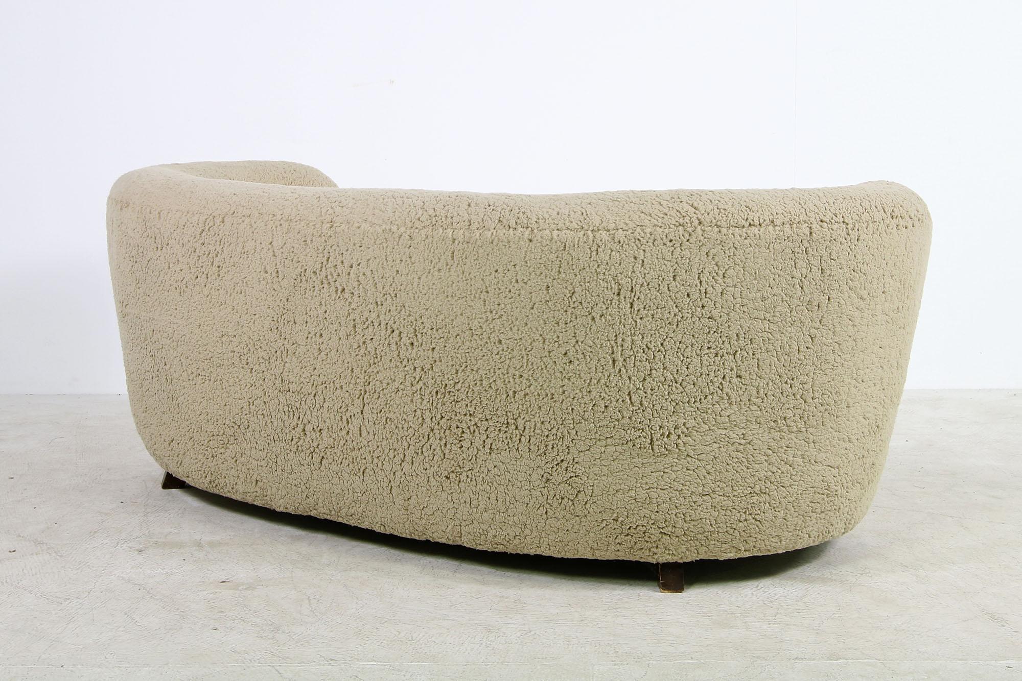 Mid-20th Century 1950s Danish Mid Curved Sofa, Teddy Fur & Tufted Leather, Faux Fur Sheepskin For Sale