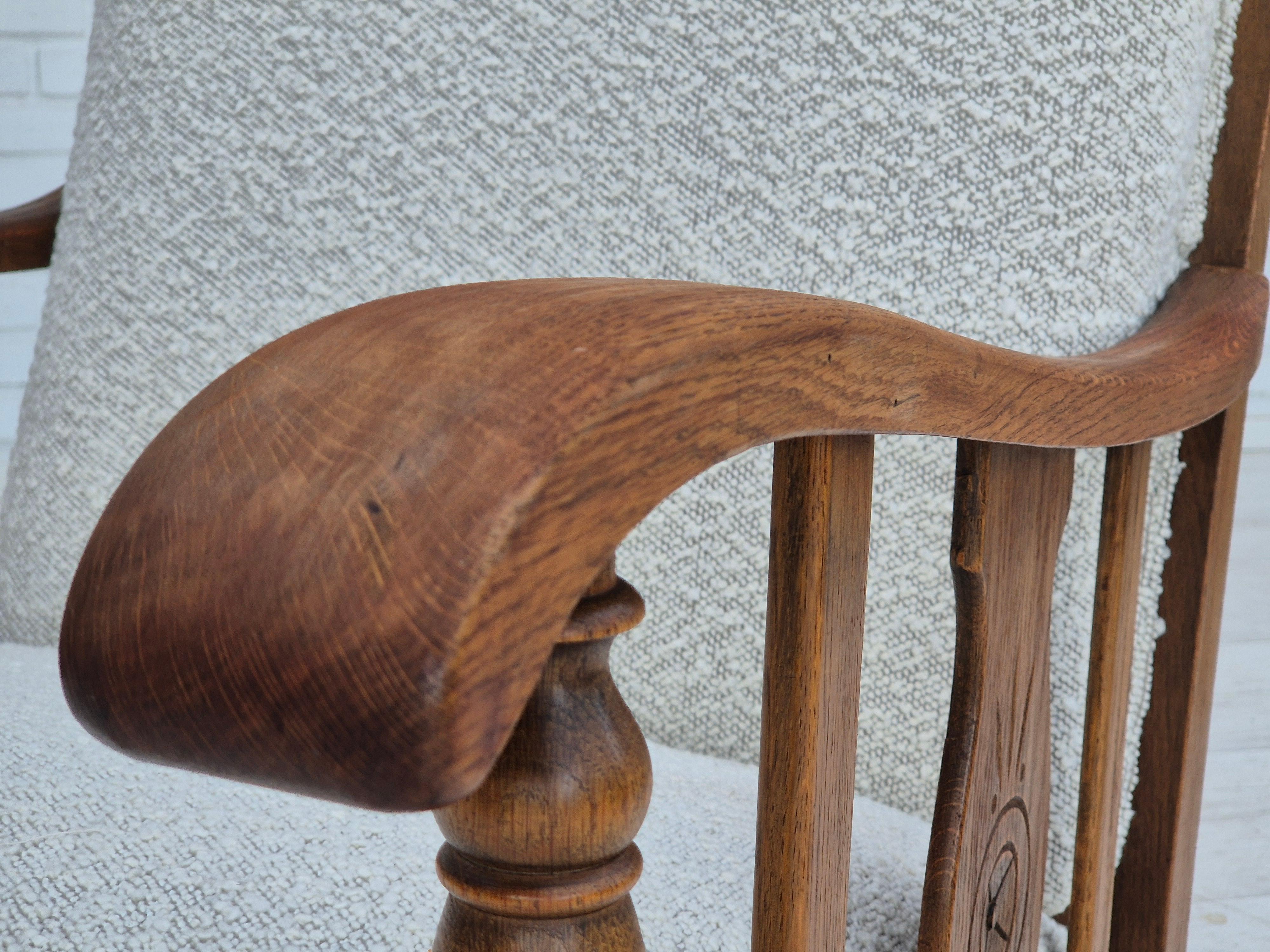 1950s, Scandinavian design, reupholstered armchair, fabric, oak wood. For Sale 4