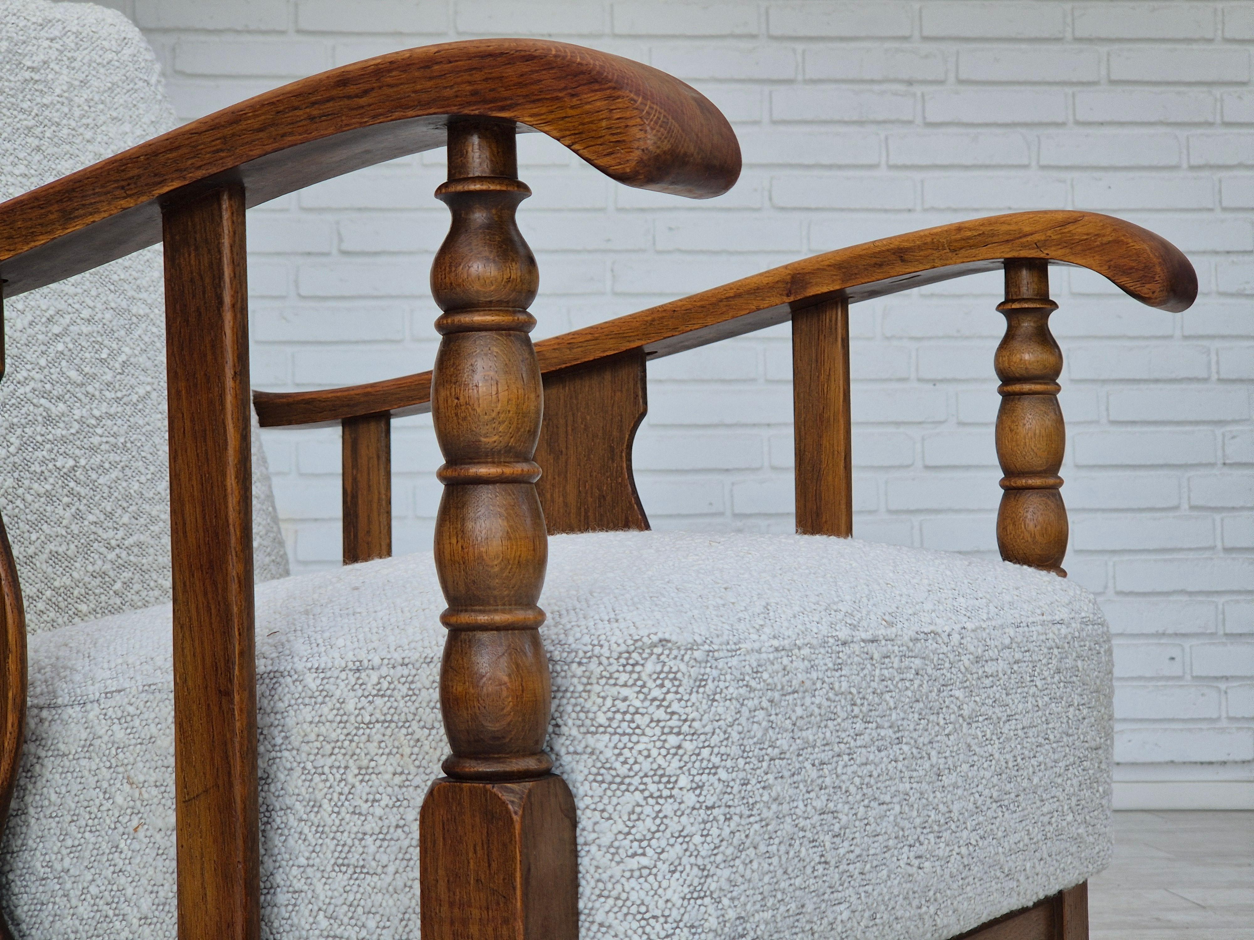 1950s, Scandinavian design, reupholstered armchair, fabric, oak wood. For Sale 6