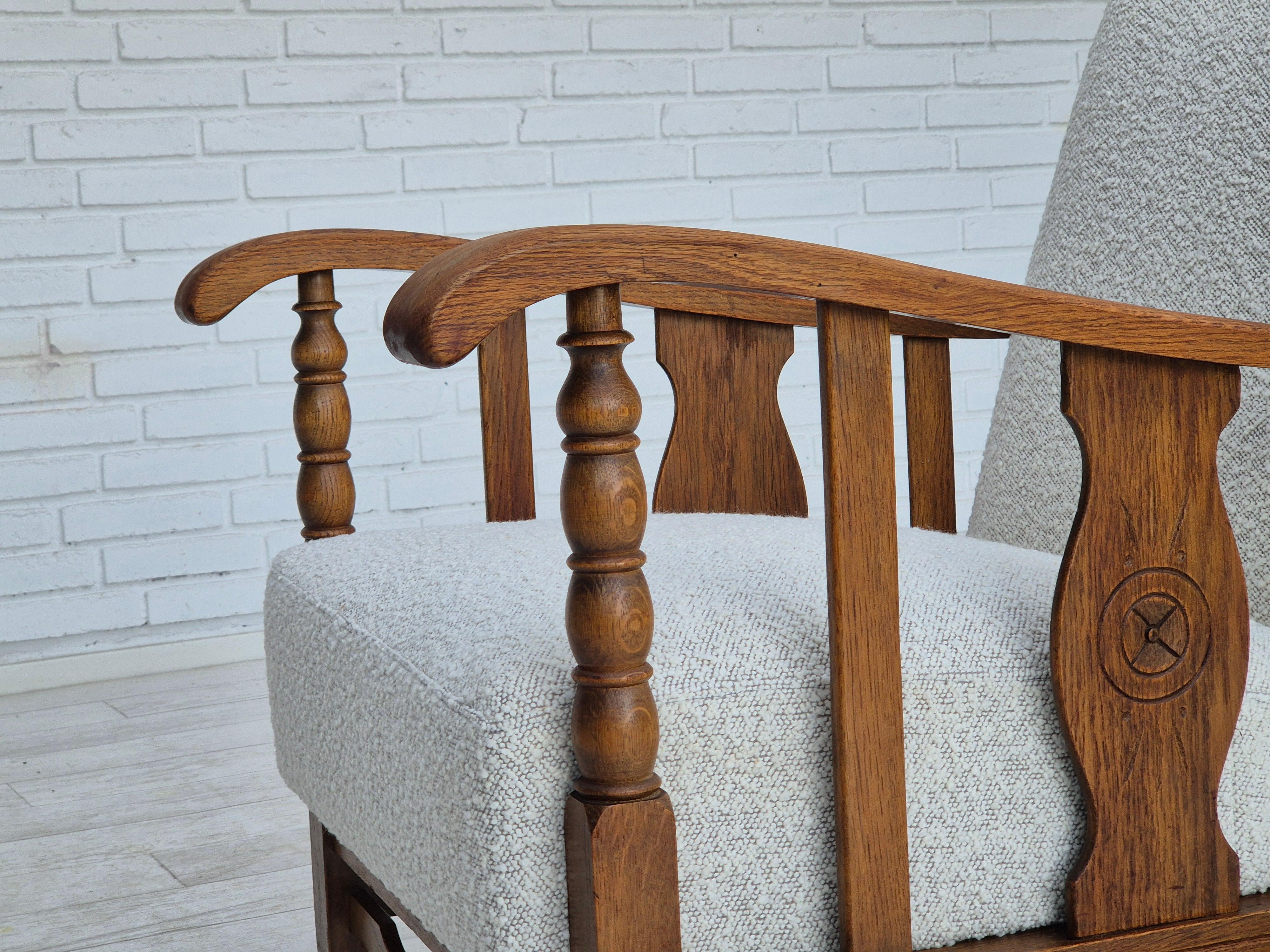 1950s, Scandinavian design, reupholstered armchair, fabric, oak wood. For Sale 7
