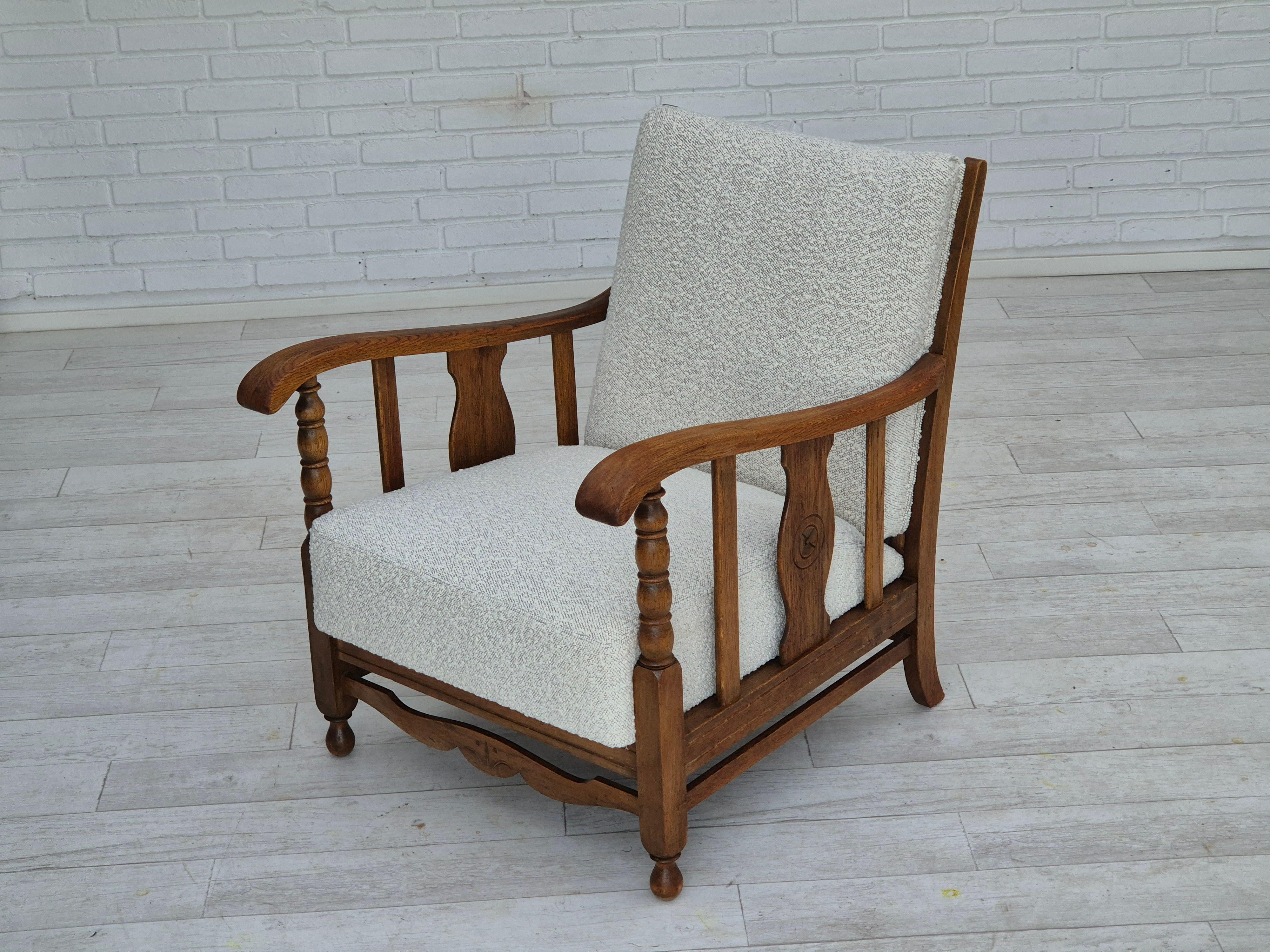 1950s, Scandinavian design, reupholstered armchair, fabric, oak wood. For Sale 9