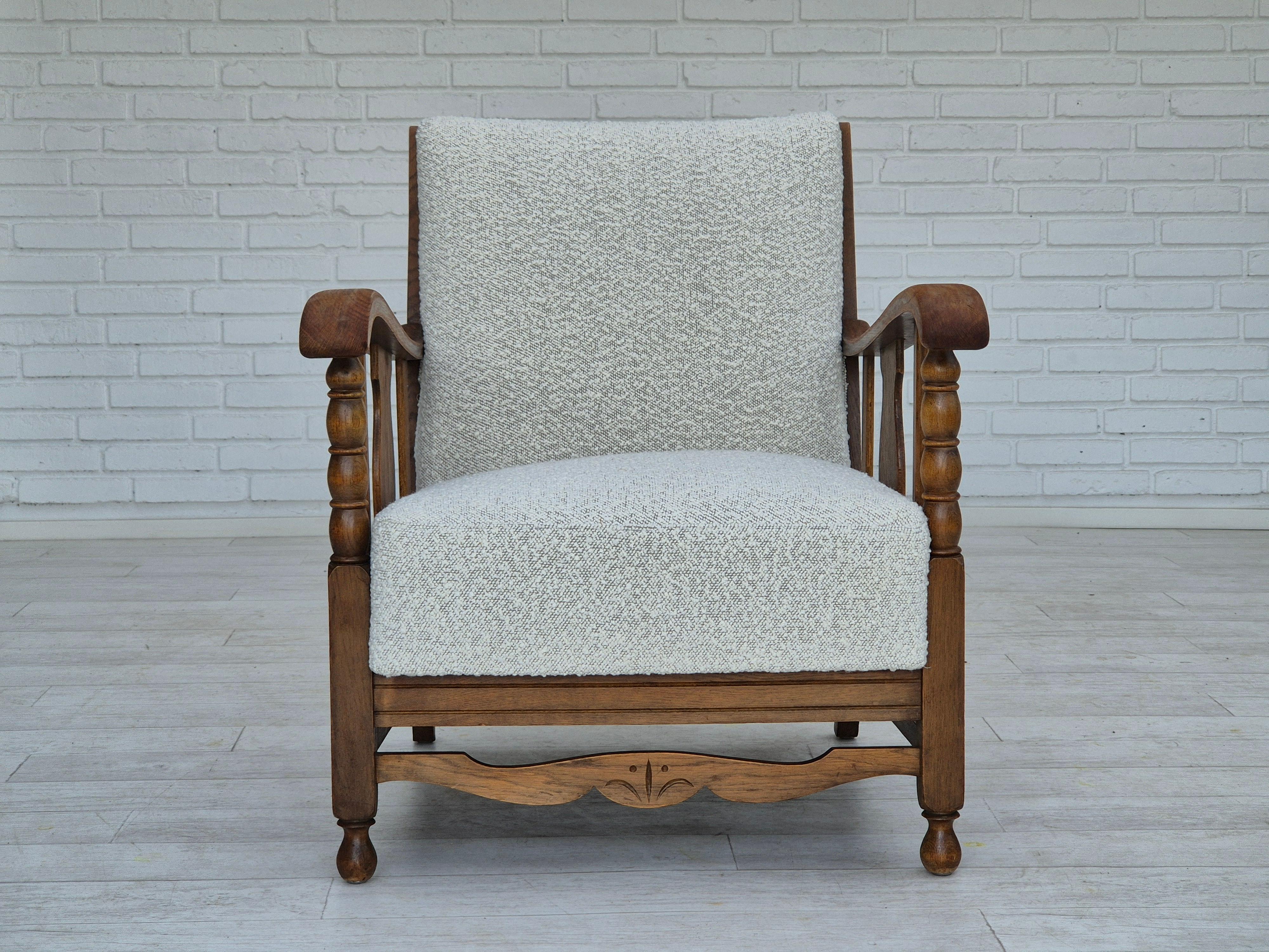 Scandinavian Modern 1950s, Scandinavian design, reupholstered armchair, fabric, oak wood. For Sale
