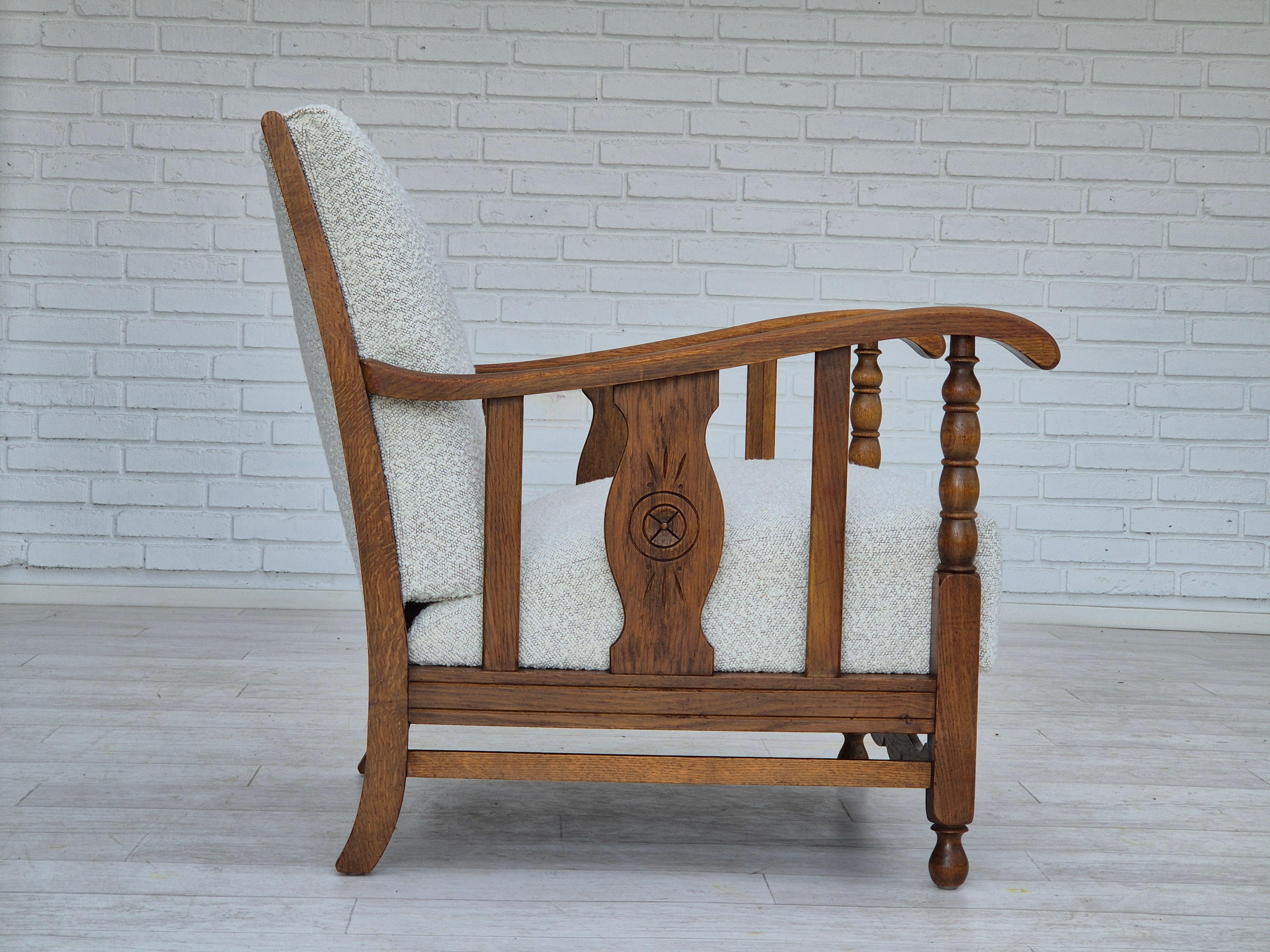 Danish 1950s, Scandinavian design, reupholstered armchair, fabric, oak wood. For Sale