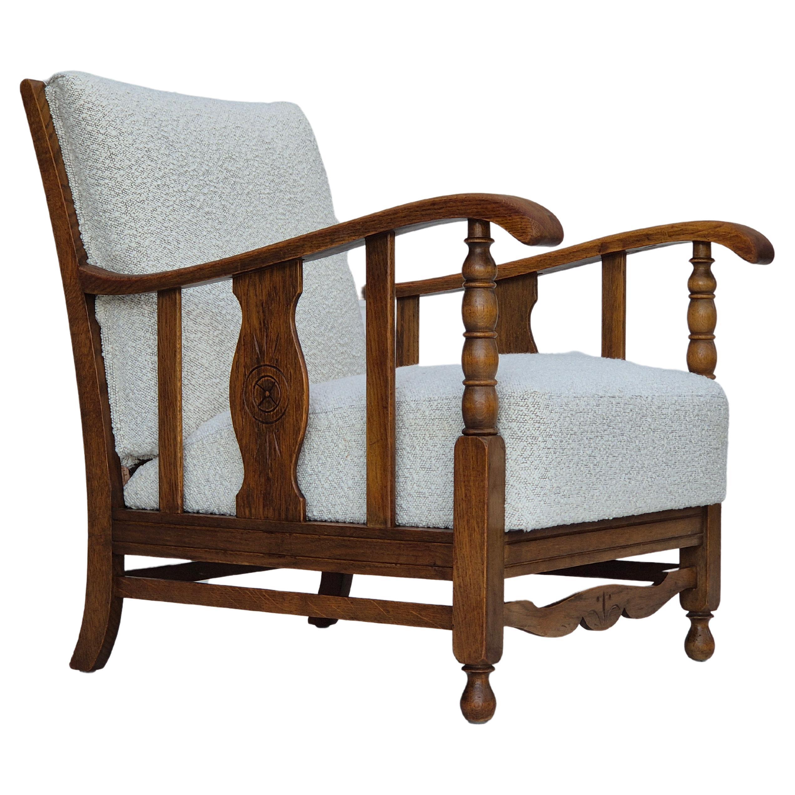 1950s, Scandinavian design, reupholstered armchair, fabric, oak wood. For Sale