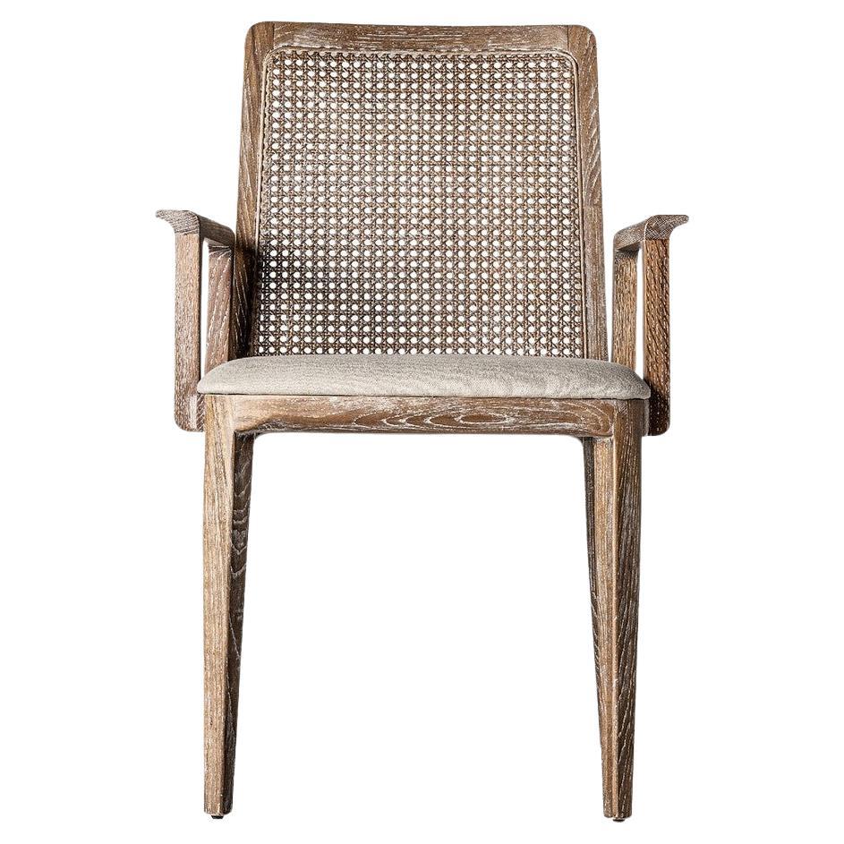 1950s Scandinavian Design Style Wood and Cane with Beige Fabric Chair For Sale